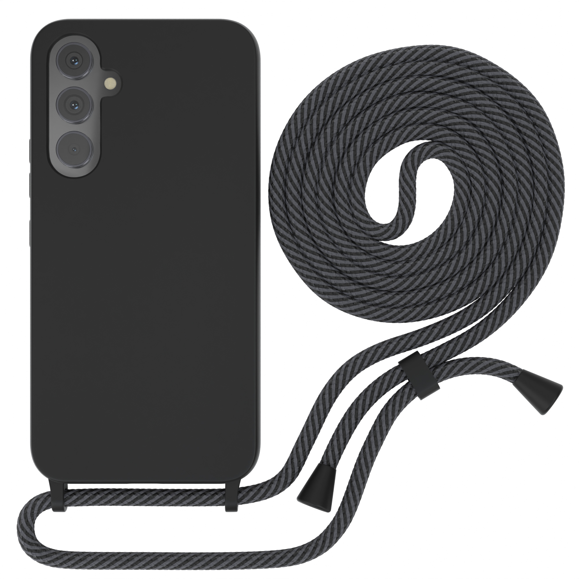 Schwarze Handyhülle mit schwarzem Seilriemen. Das Telefon hat eine Dreifachkamera.