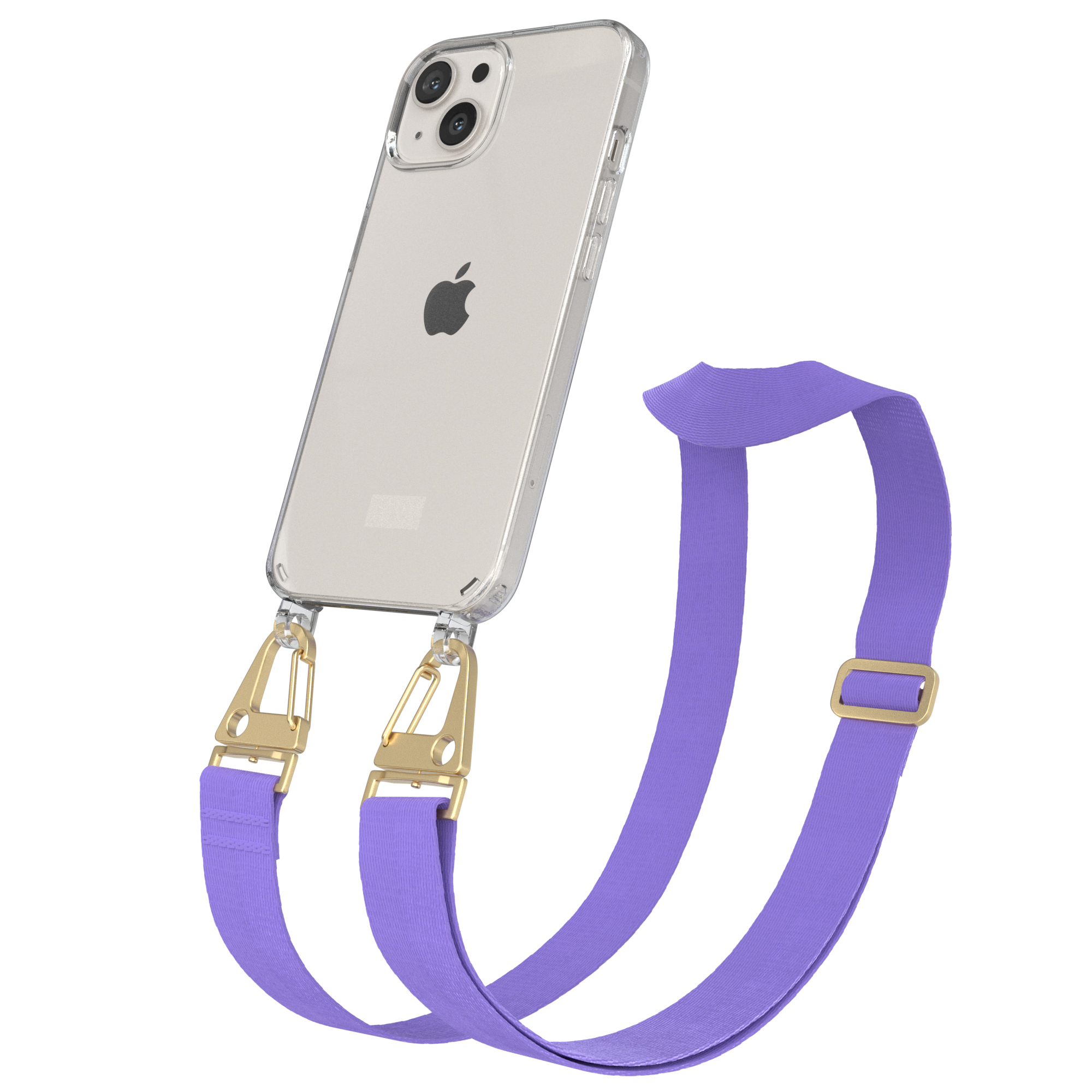 Eine transparente Handyhülle mit lila Riemen und einem Telefon auf weißem Hintergrund.