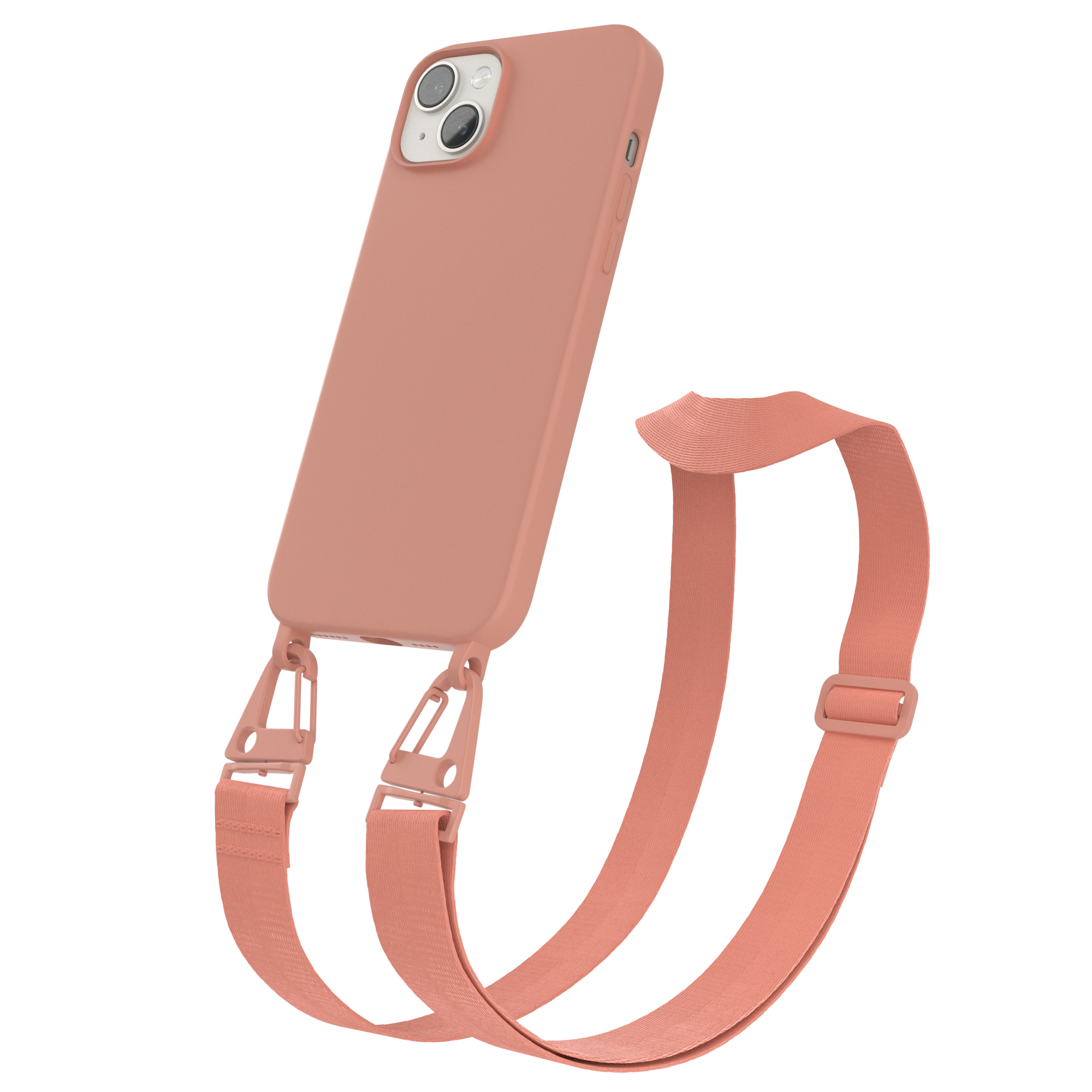 EAZY CASE Handy Apple, / 14 Umhängetasche, mit Premium iPhone Breit Altrosa Hülle, Coral Karabiner Kette Silikon Plus