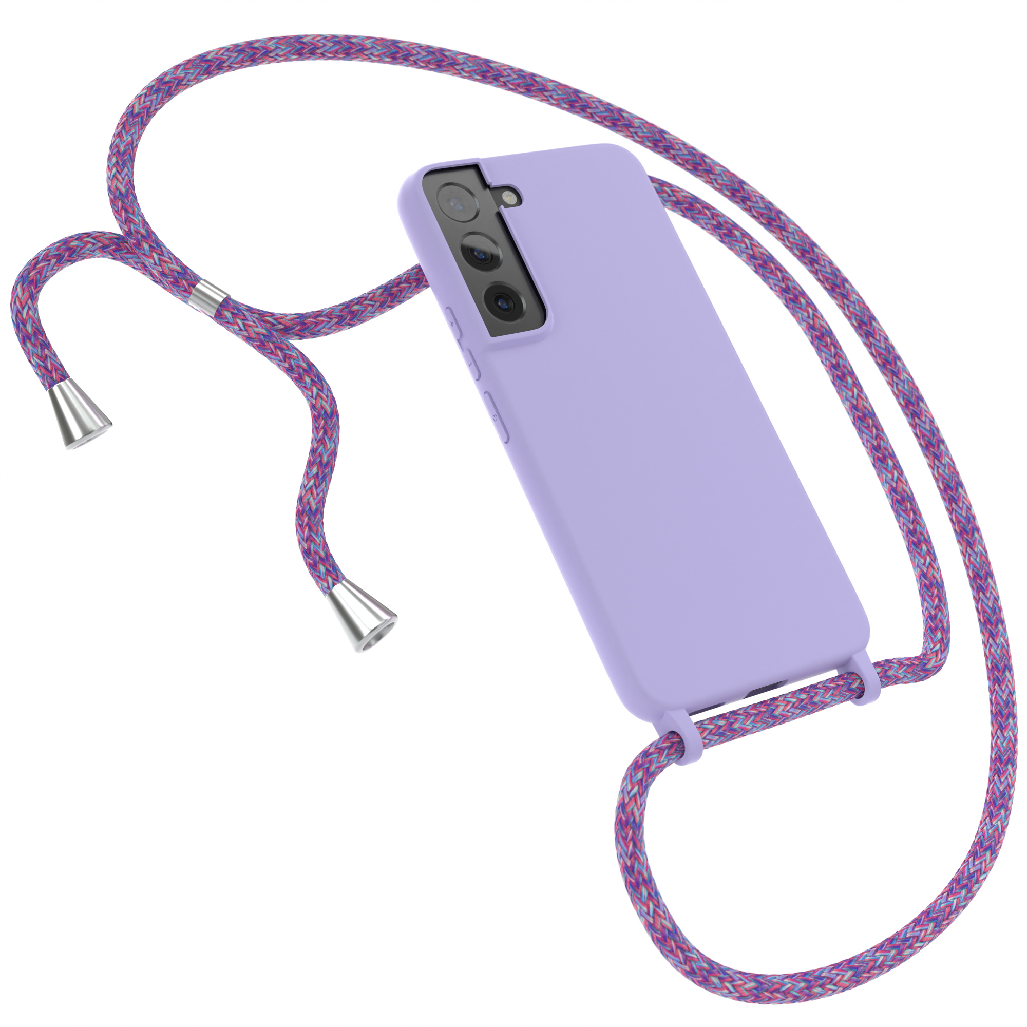 Eine lila Handyhülle mit lavendelfarbenem Schlüsselband, an einem Telefon befestigt, auf weißer Oberfläche.