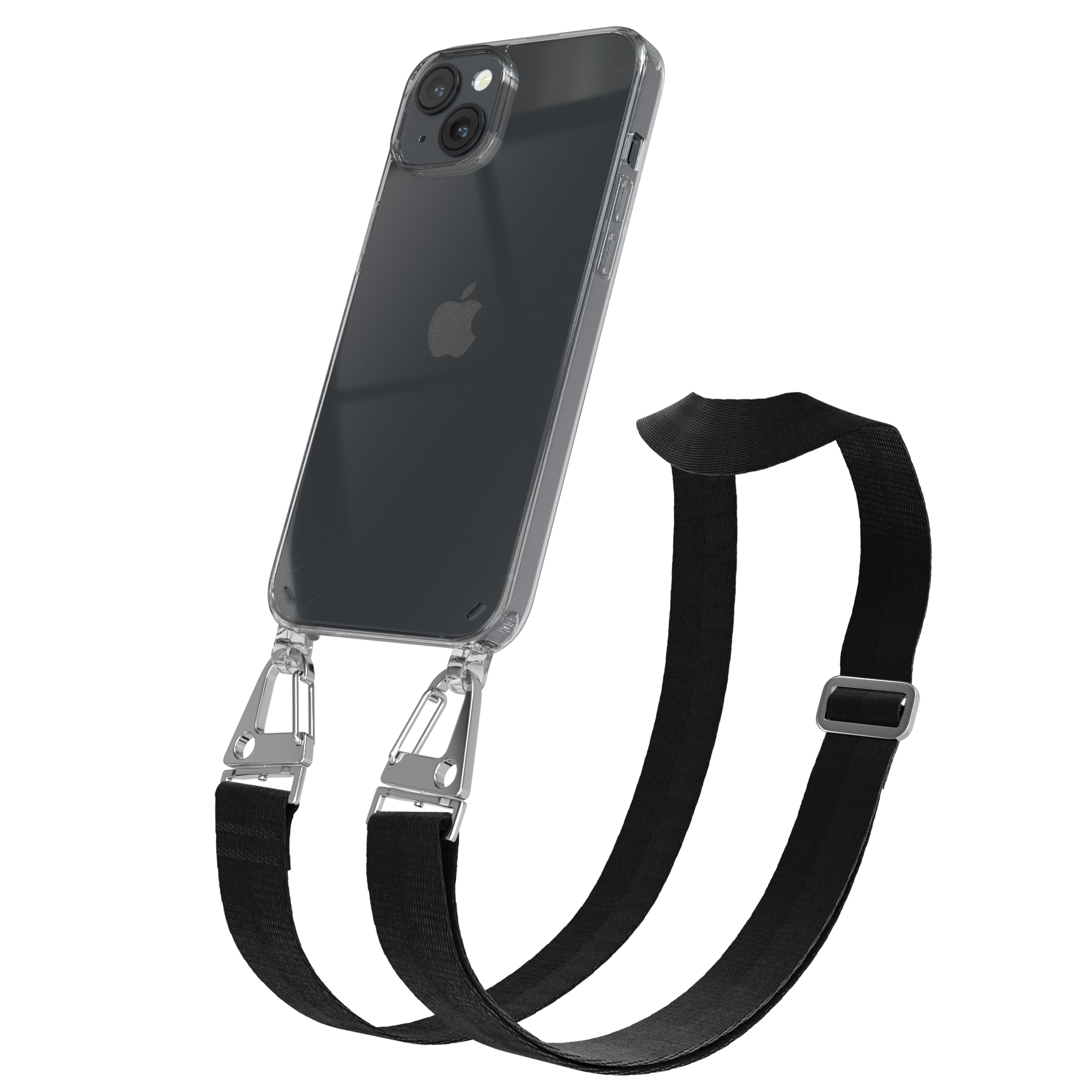 EAZY CASE Plus, Schwarz mit / Umhängetasche, + Handyhülle Silber iPhone Kordel Karabiner, 14 Transparente Apple, breiter
