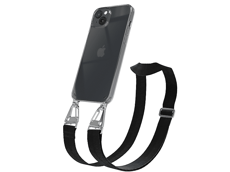 EAZY CASE Transparente Handyhülle mit breiter Kordel + Karabiner, Umhängetasche, Apple, iPhone 14 Plus, Schwarz / Silber
