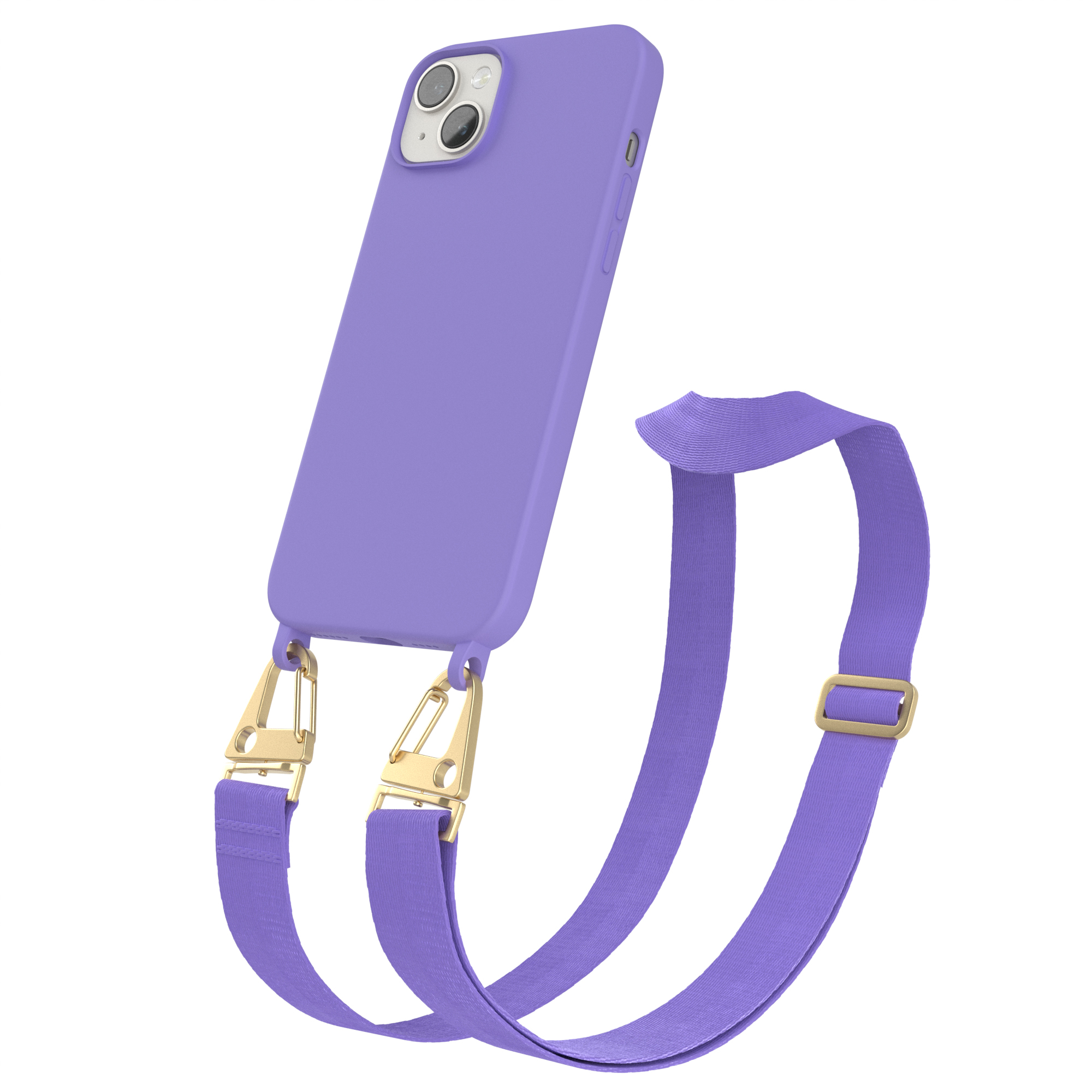 Lila Handyhülle mit goldenen Verschlüssen und einem lila Riemen. Das Telefon hat zwei Kameras.