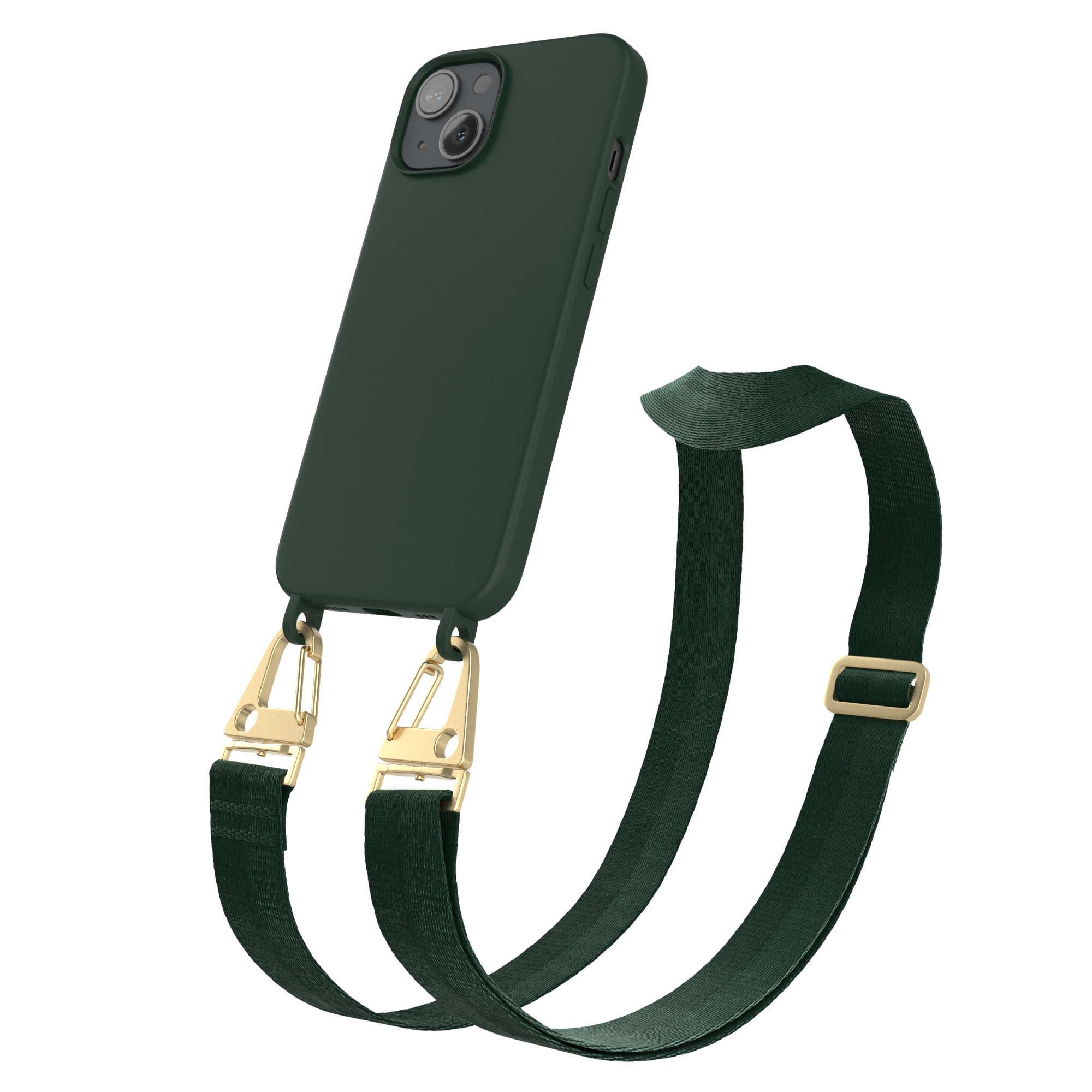 EAZY CASE Handy Kette Breit Apple, iPhone Dunkel Gold Hülle, 13, Premium Umhängetasche, Silikon Grün mit Karabiner 