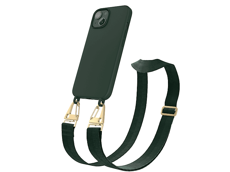 EAZY CASE Handy Kette Breit mit Karabiner Premium Silikon Hülle, Umhängetasche, Apple, iPhone 13, Dunkel Grün / Gold
