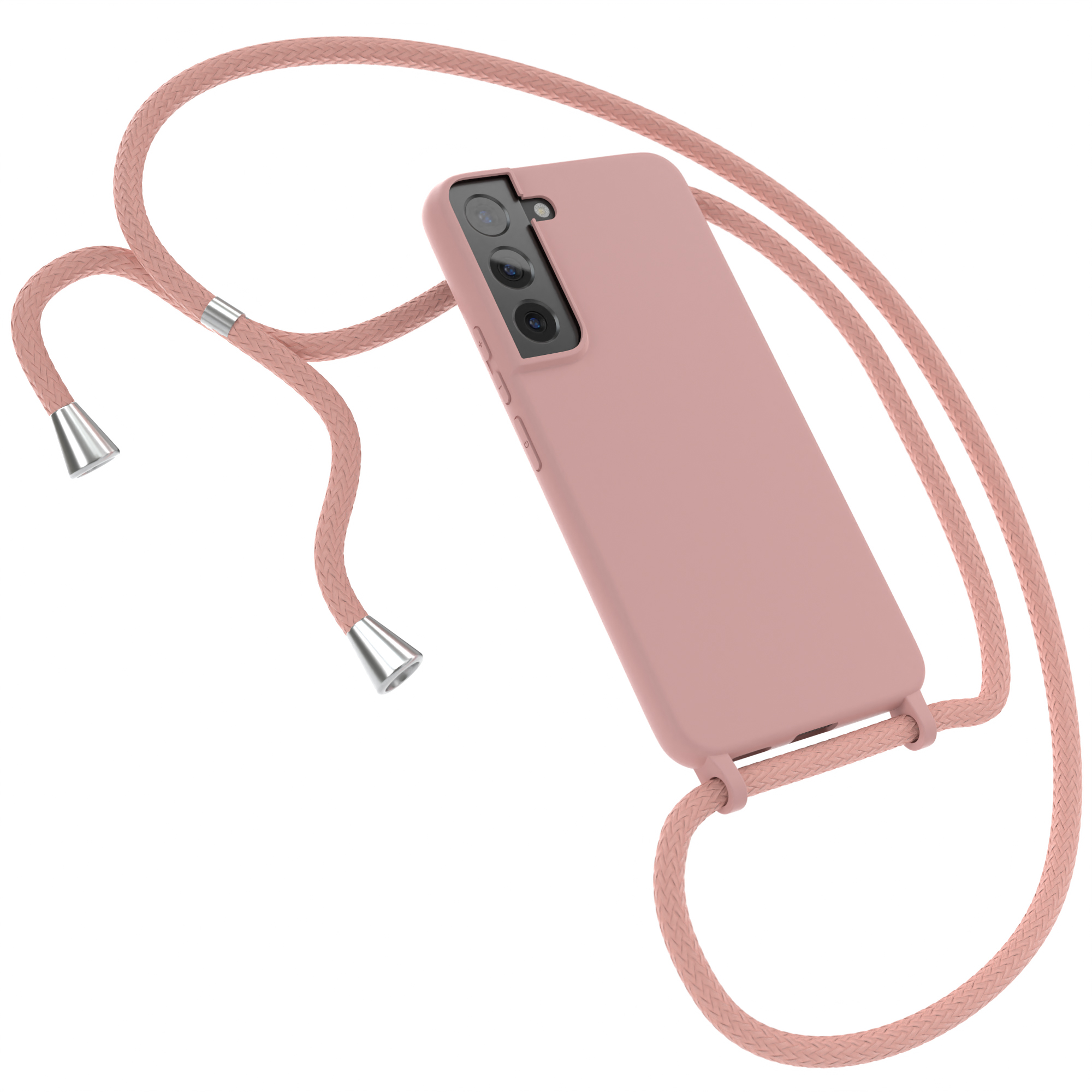 Rosa Handyhülle mit rosa geflochtenem Lanyard, silberne Akzente.