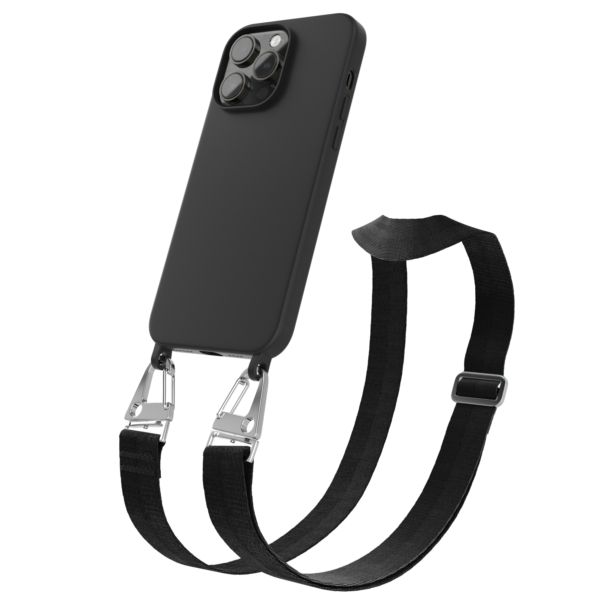 Schwarze Handyhülle mit schwarzem Gurt, Telefon sichtbar, silberne Clips, weißer Hintergrund.