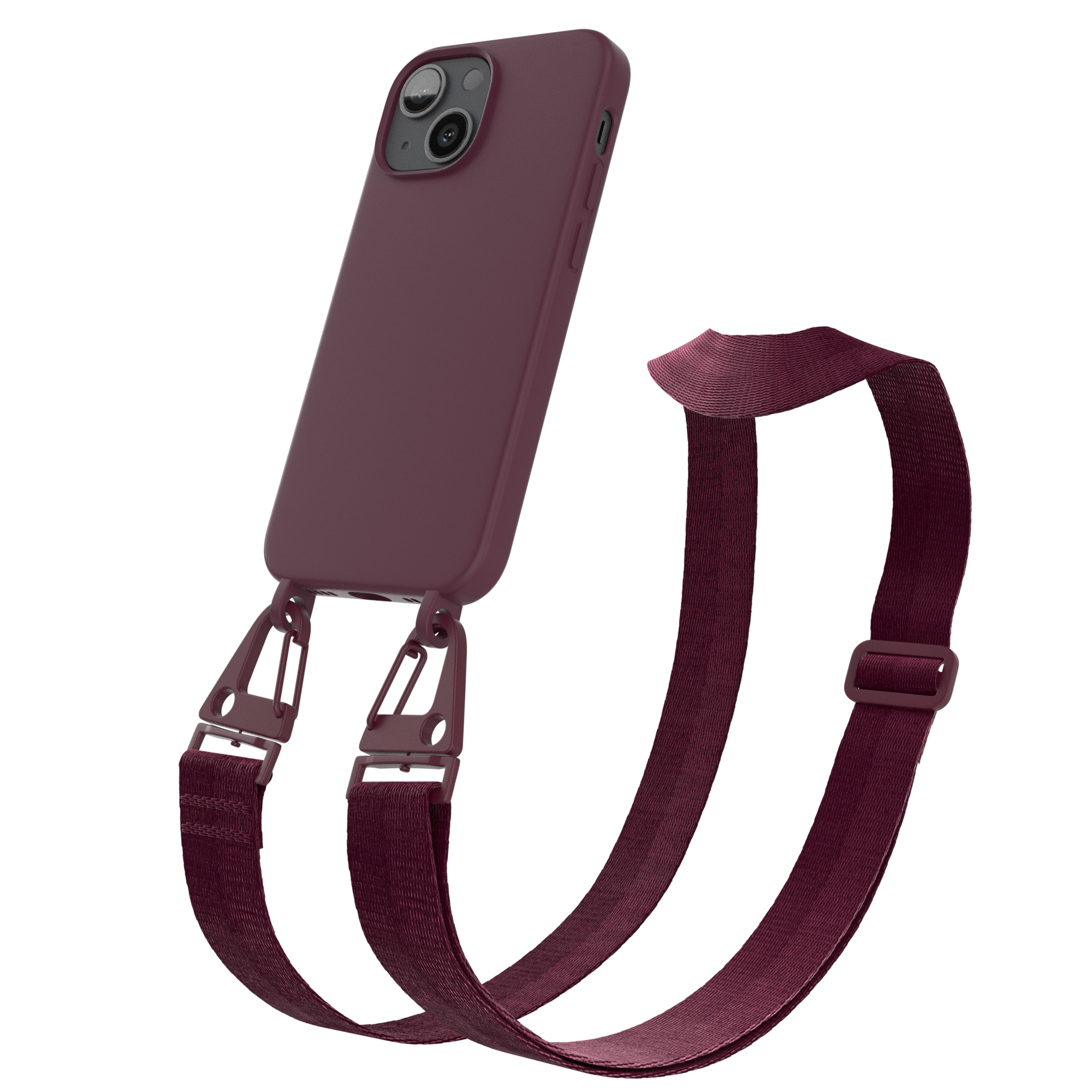 Burgunderfarbene Handyhülle mit burgunderfarbenem Riemen und Clips, vor weißem Hintergrund.