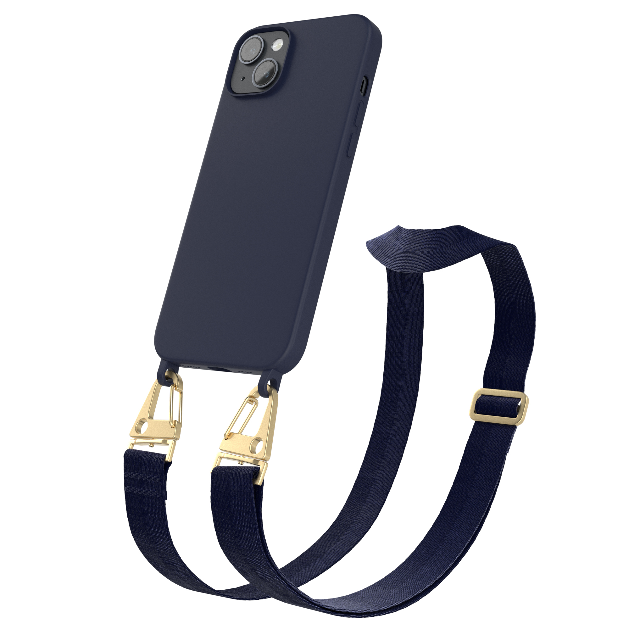 Handy Gold Plus, Apple, Hülle, CASE / Dunkel mit Breit Karabiner Silikon 14 EAZY Kette Premium iPhone Blau Umhängetasche,