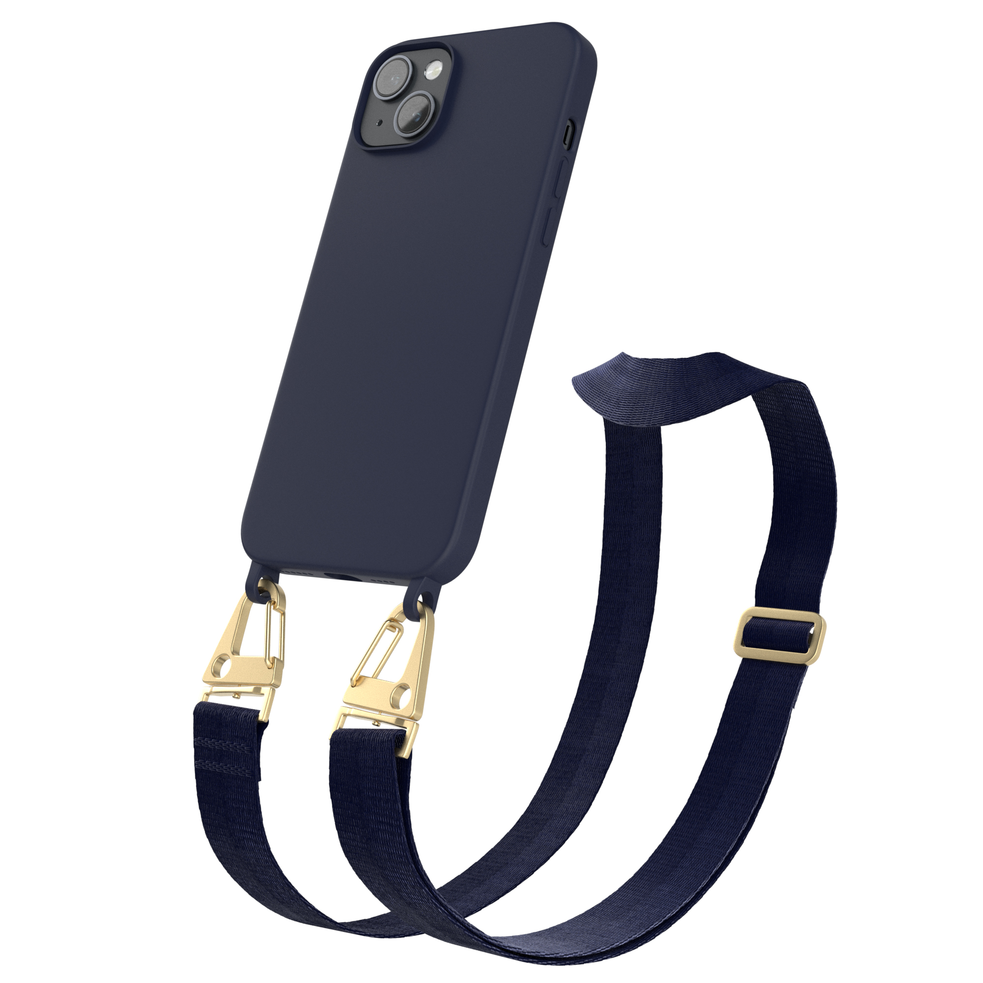 Marineblaues Handycase mit goldenen Akzenten und einem Riemen mit goldenen Verschlüssen, auf Weiß.