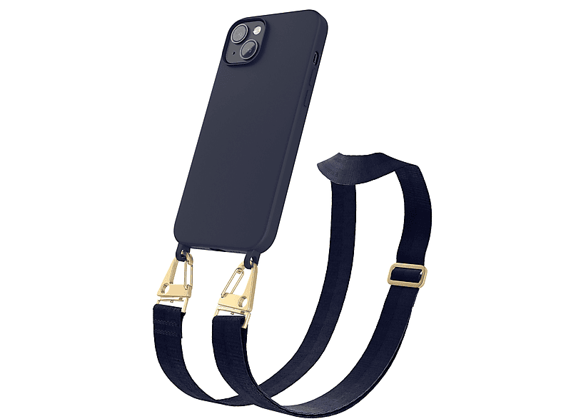 EAZY CASE Handy Kette Breit mit Karabiner Premium Silikon Hülle, Umhängetasche, Apple, iPhone 14 Plus, Dunkel Blau / Gold
