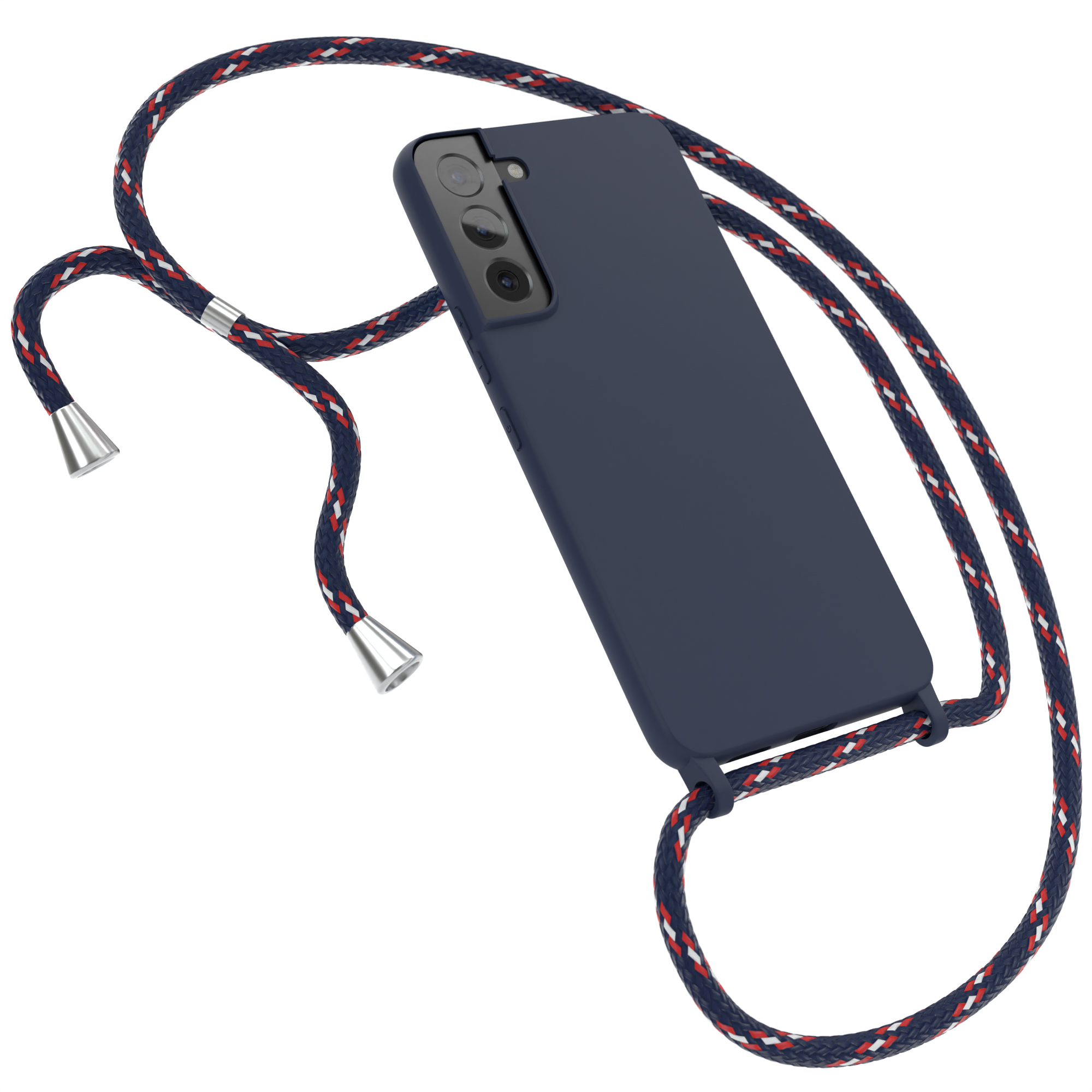 Eine blaue Handyhülle mit einem seilartigen Riemen und ein Telefon mit der Kamera.