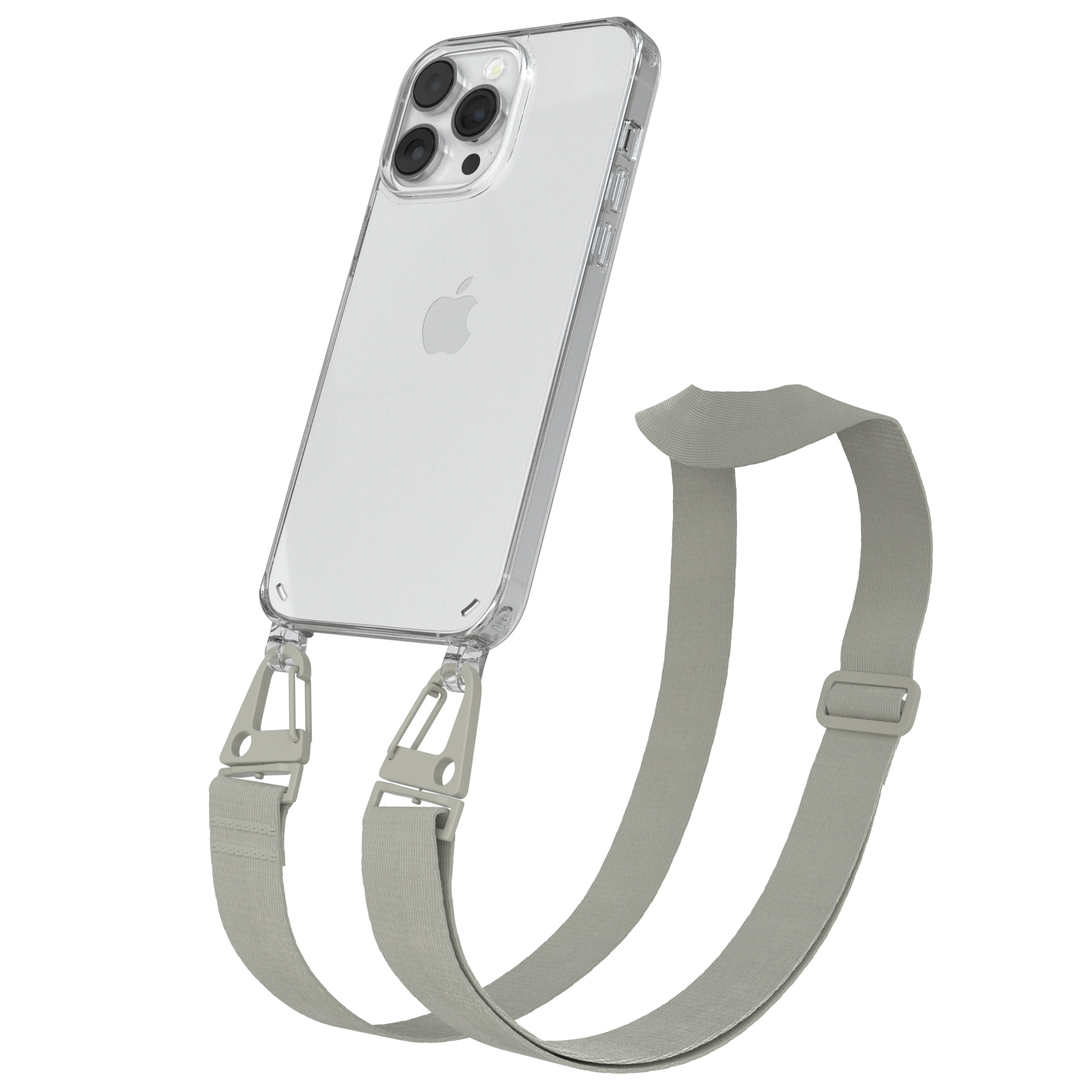 Telefon mit durchsichtiger Hülle und grauem Riemen. Weißer Hintergrund.