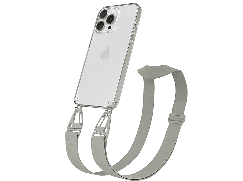 EAZY CASE Transparente Handyhülle mit breiter Kordel + Karabiner, Umhängetasche, Apple, iPhone 14 Pro Max, Beige Grau / Taupe