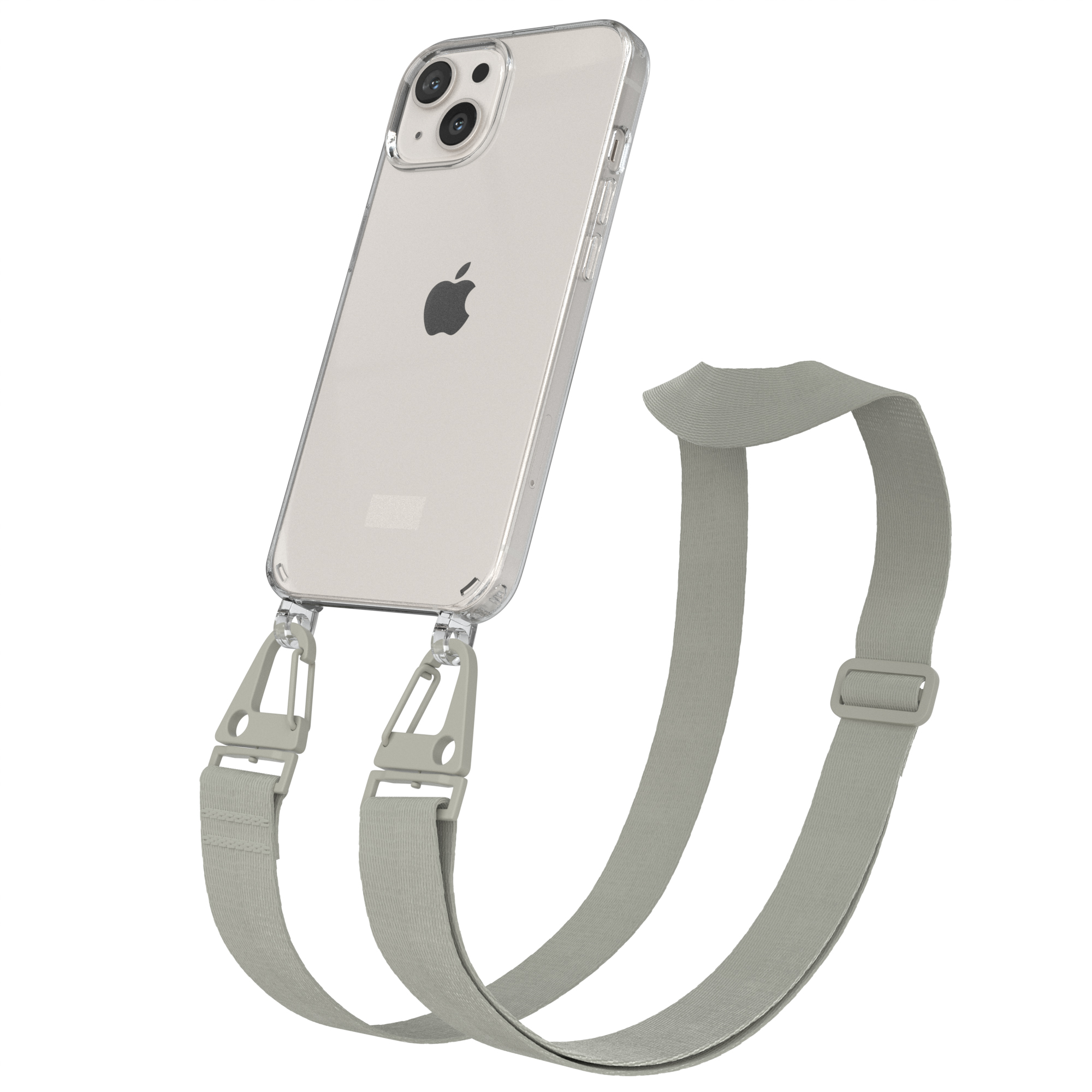 Transparente Handyhülle mit Trageriemen. Telefon ist transparent, silberne Verschlüsse, Gurt hellgrau.
