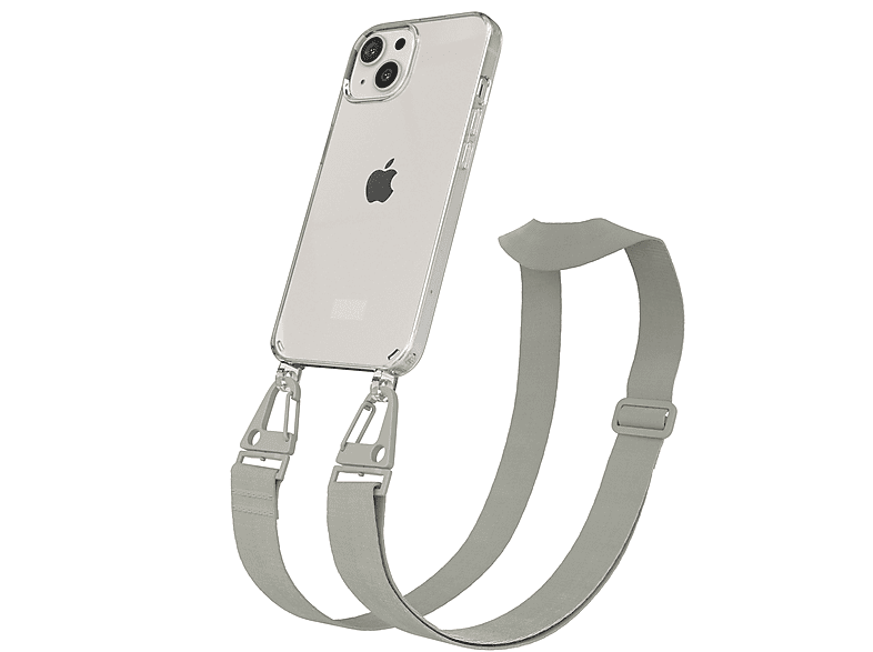EAZY CASE Transparente Handyhülle mit breiter Kordel + Karabiner, Umhängetasche, Apple, iPhone 13, Beige Grau / Taupe
