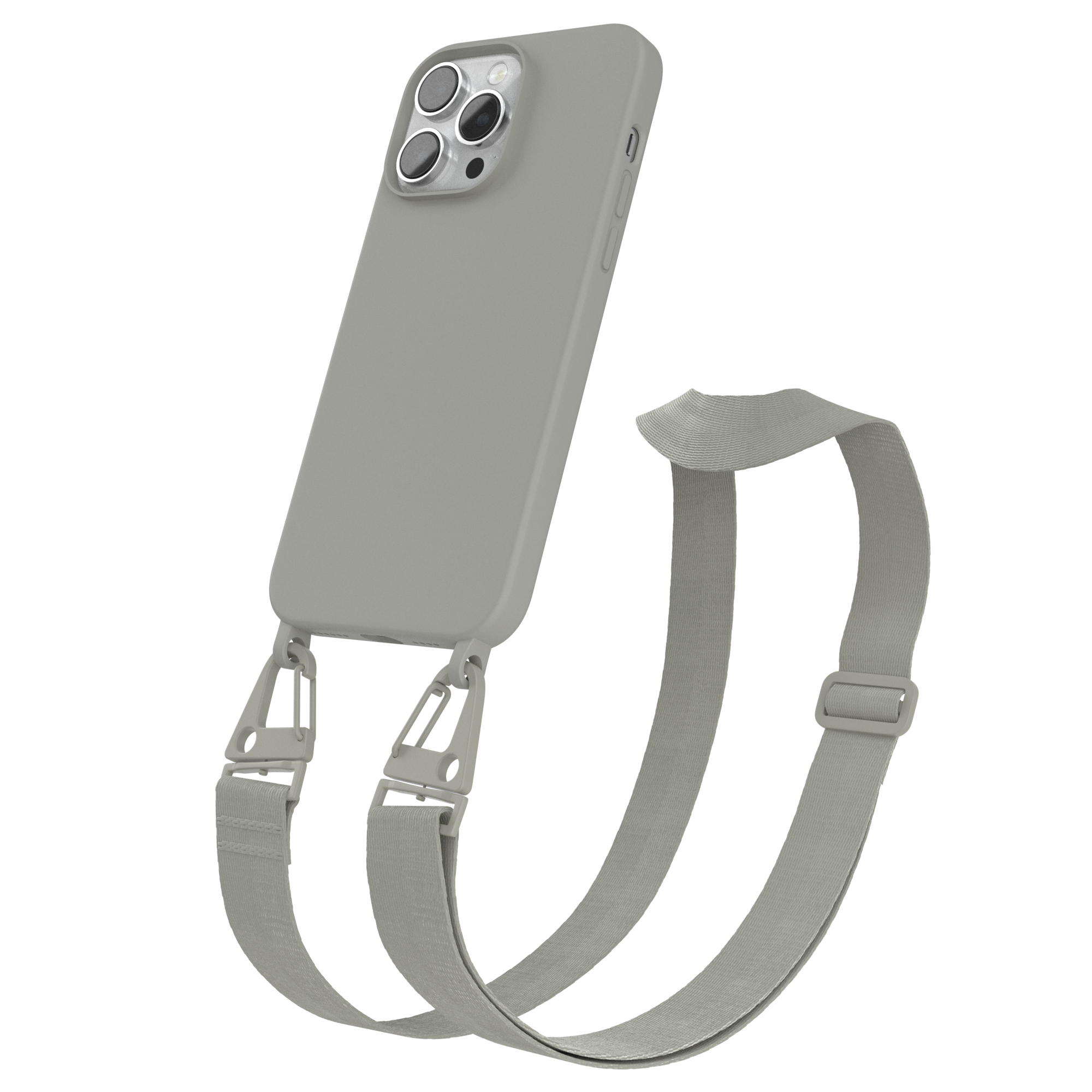 Beige EAZY Premium Kette Hülle, CASE Breit Taupe Pro iPhone Silikon Grau / Apple, Karabiner Max, 14 Handy Umhängetasche, mit