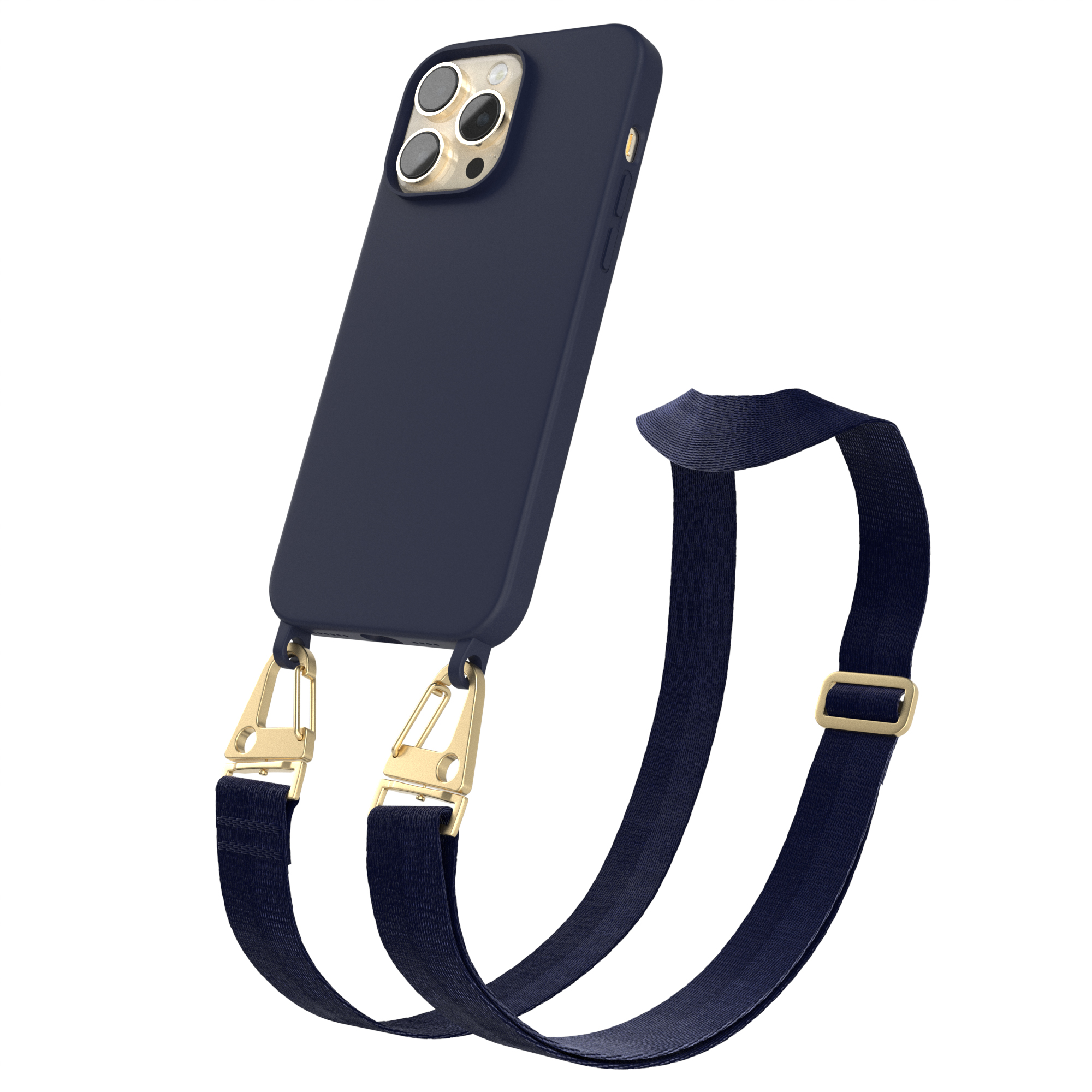 Blaue Handyhülle mit Riemen. Goldene Clips. Marineblauer Riemen. Weißer Hintergrund.
