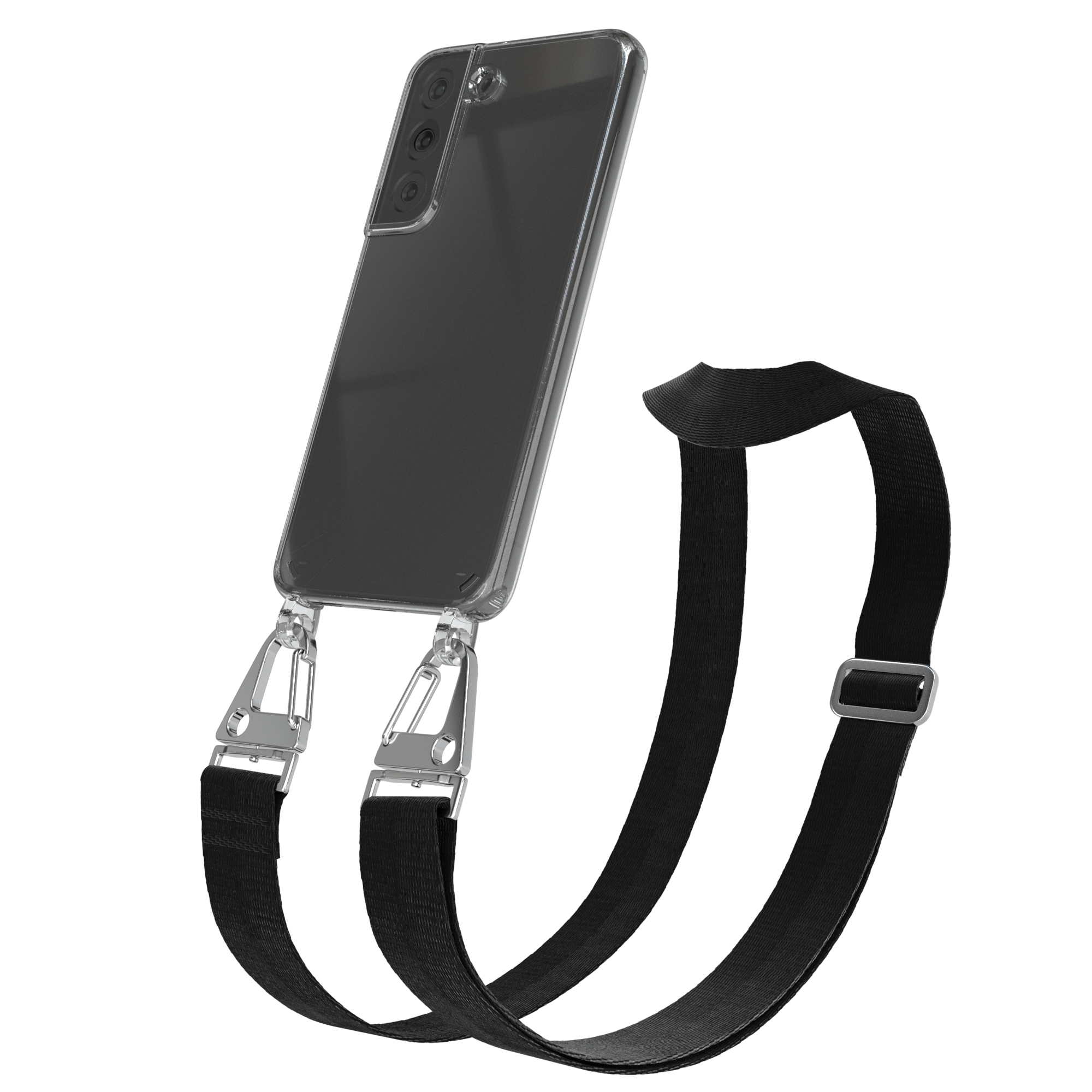 Transparente Handyhülle mit schwarzem Band und silbernen Aufsätzen.