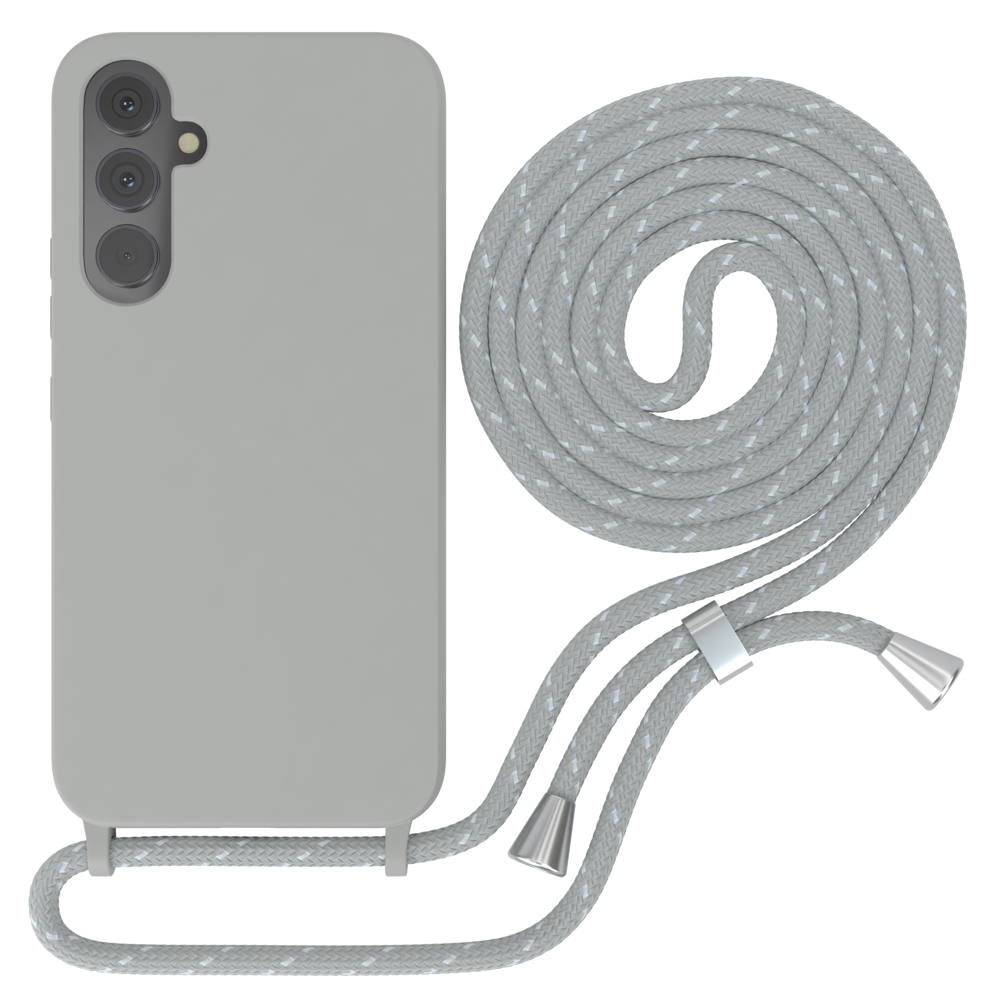 Graue Handyhülle mit grau-weißem Kordelriemen und silberner Hardware, vor weißem Hintergrund.