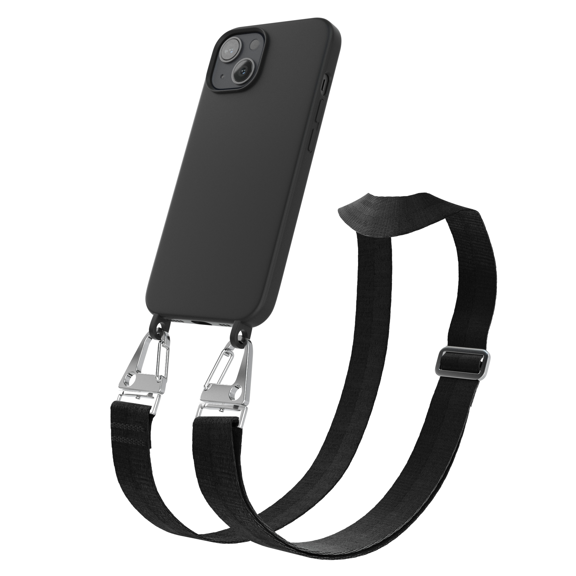 Eine schwarze Handyhülle mit Trageriemen. Das Telefon ist an der Hülle befestigt. Schwarzer Riemen.