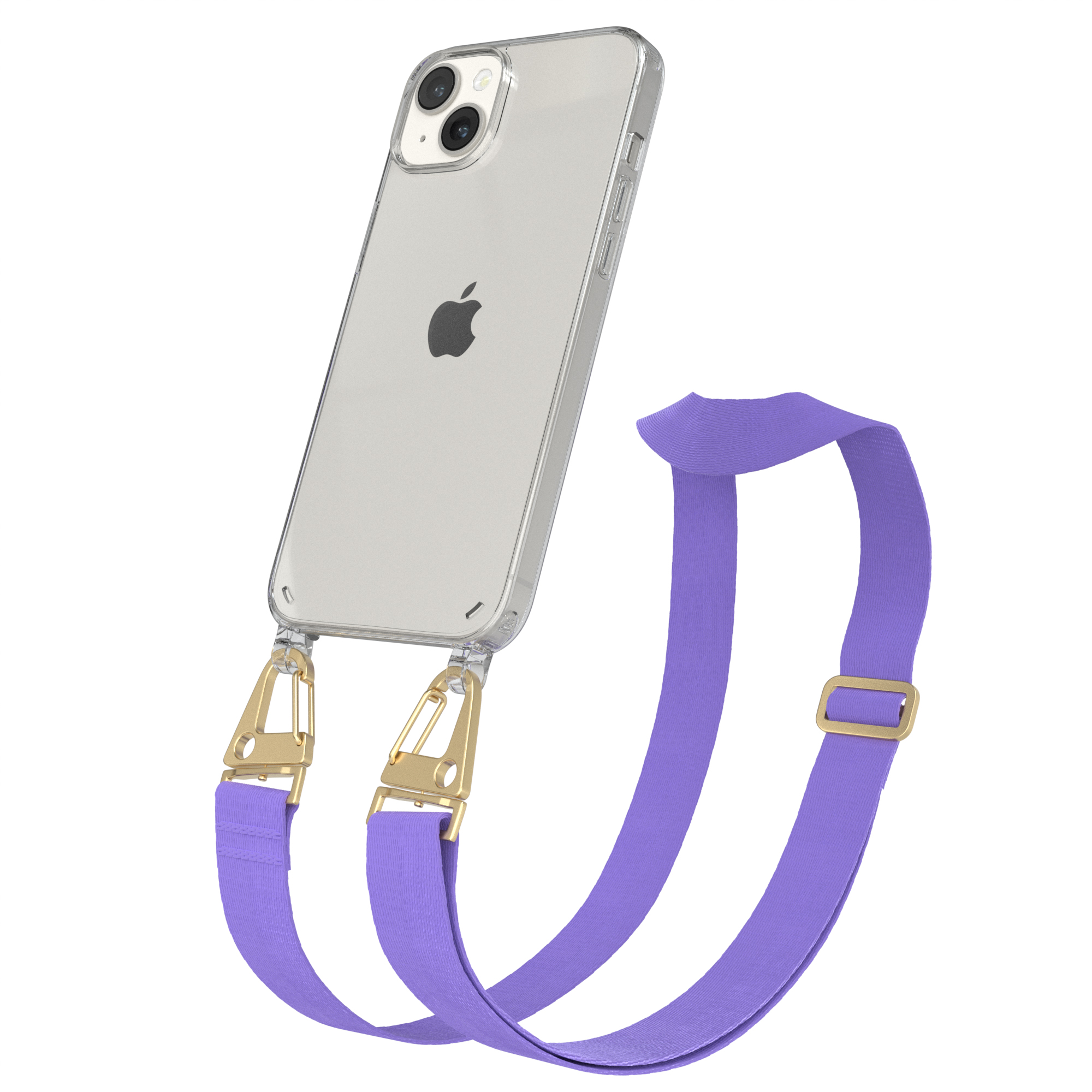 Eine transparente Handyhülle mit lila Riemen, der an einem Telefon befestigt ist.
