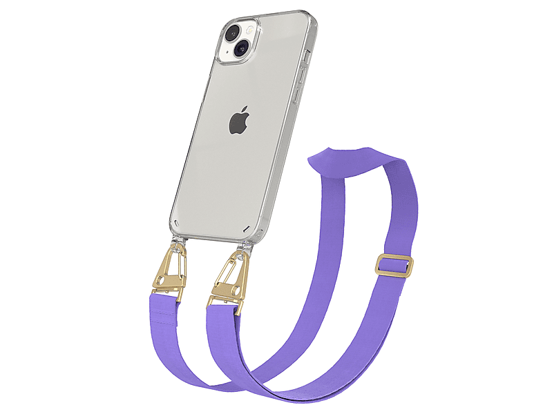 Plus, Apple, Transparente iPhone Gold mit Handyhülle Kordel + Karabiner, / 14 CASE Flieder Umhängetasche, breiter EAZY