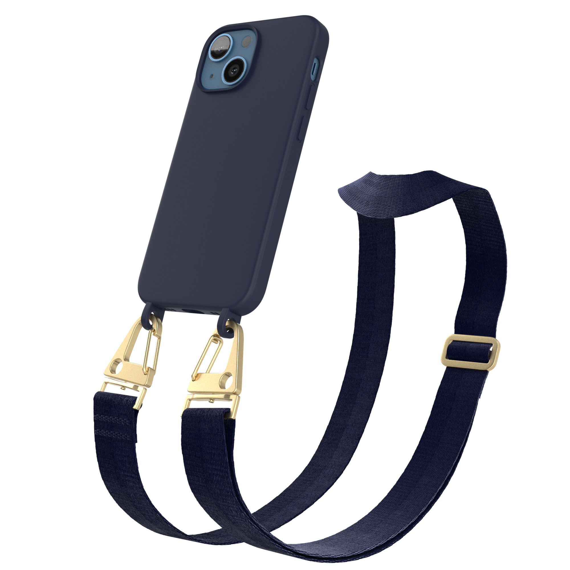 Dunkelblaues Telefon mit marineblauem Handyband und goldfarbenen Anhängern.