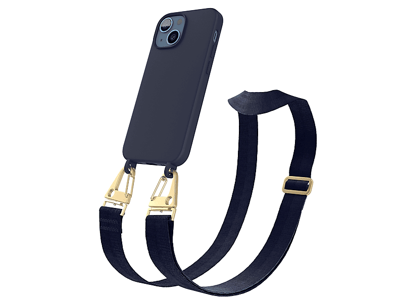 EAZY CASE Handy Kette Breit mit Karabiner Premium Silikon Hülle, Umhängetasche, Apple, iPhone 13 Mini, Dunkel Blau / Gold