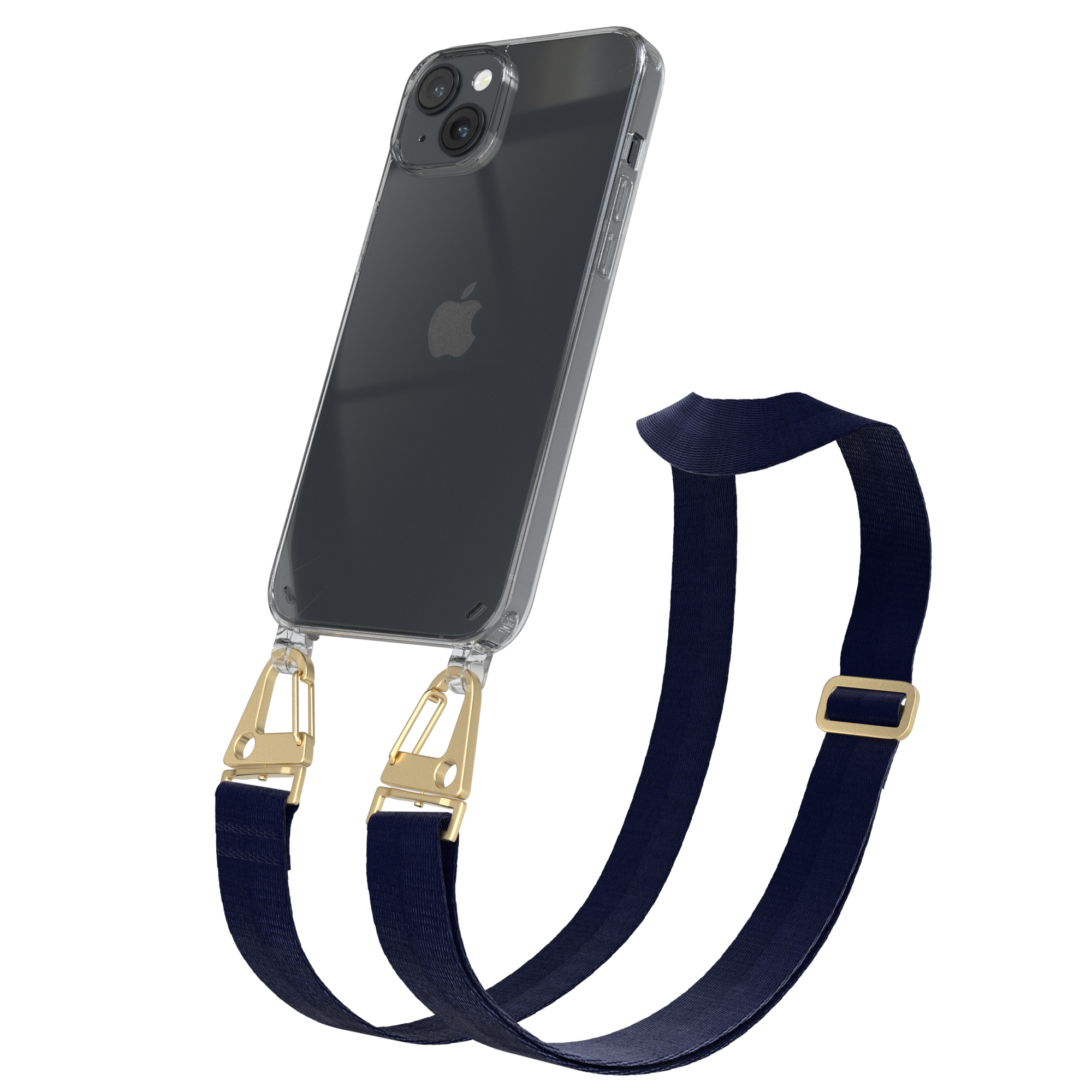 EAZY CASE Handyhülle Blau + Gold Dunkel Transparente Apple, 14 Kordel Plus, mit Umhängetasche, iPhone breiter / Karabiner