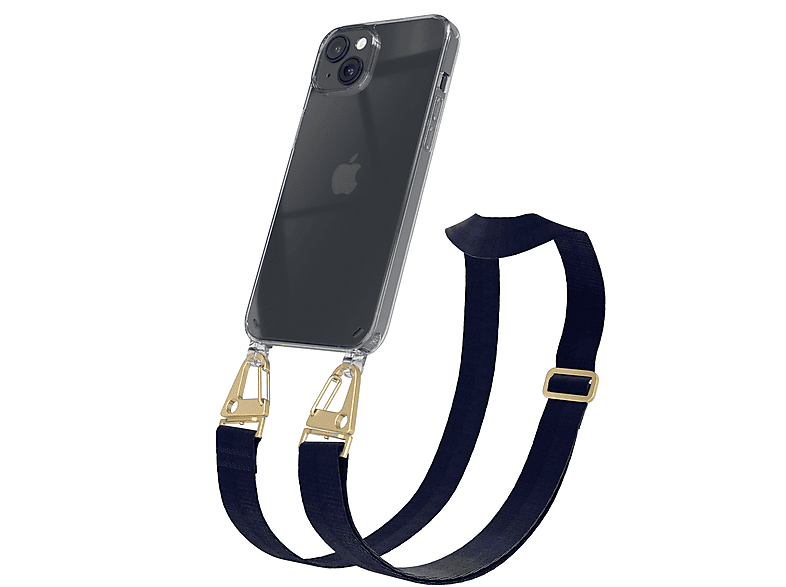 iPhone / breiter Blau Apple, Dunkel EAZY + Handyhülle Gold Umhängetasche, 14 mit Kordel CASE Plus, Karabiner, Transparente