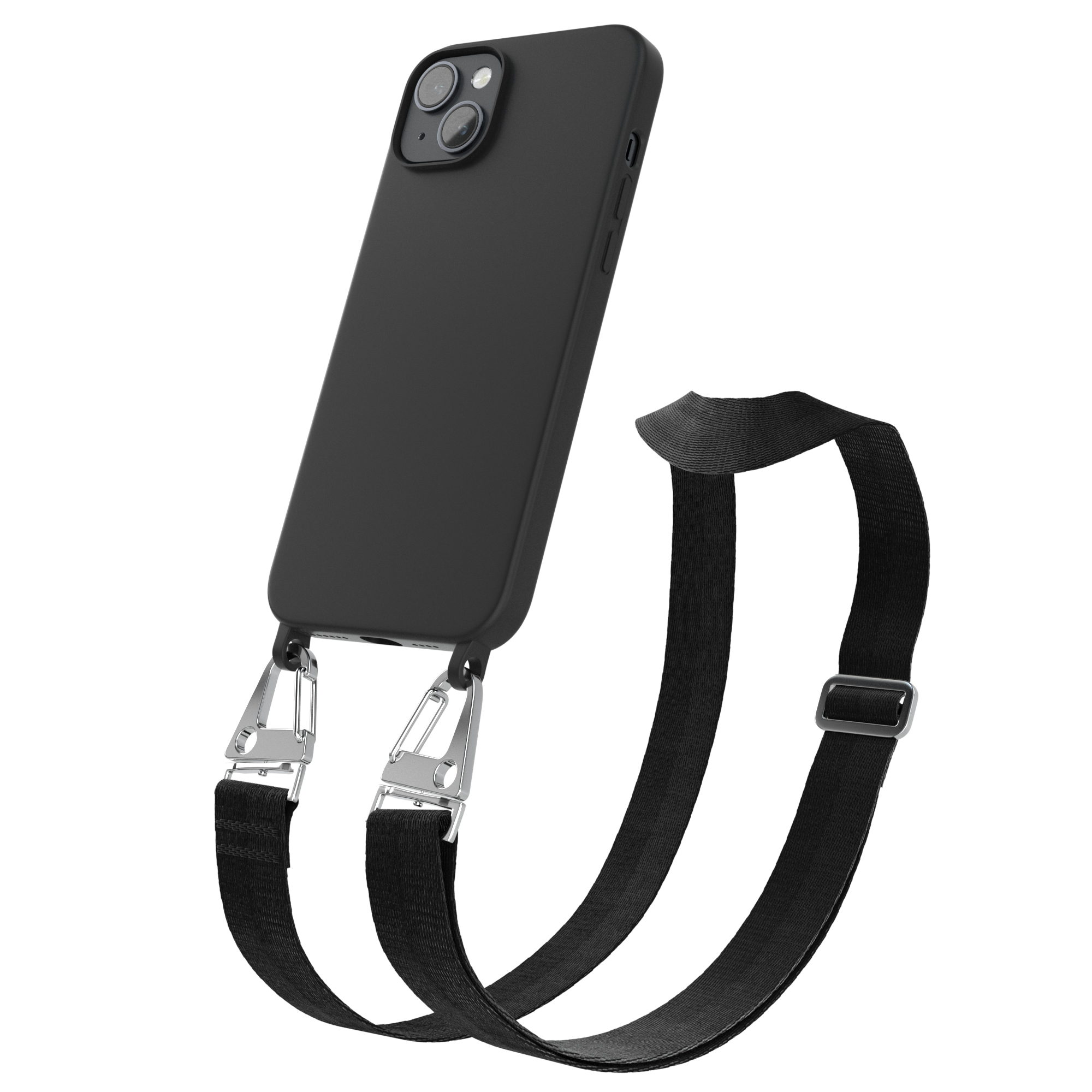 Schwarzes Telefon mit einem schwarzen Lanyard, das über silberne Karabinerhaken befestigt ist.