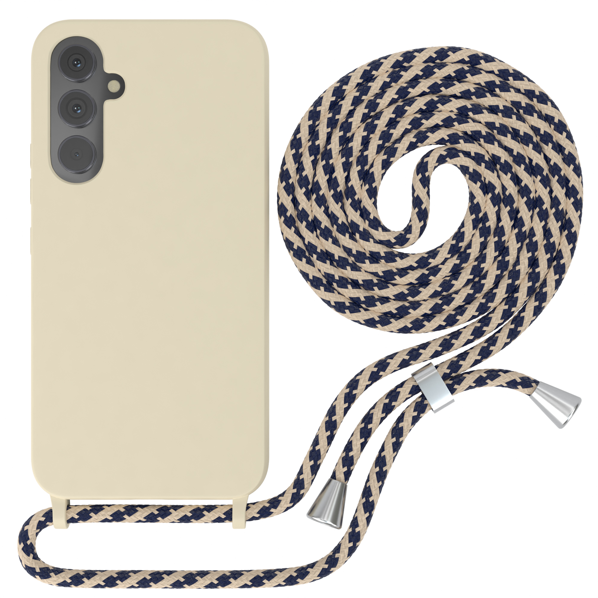 Beiges Telefon in einer Hülle mit einem zweifarbigen, marineblauen und beigen Seil-Handyband.