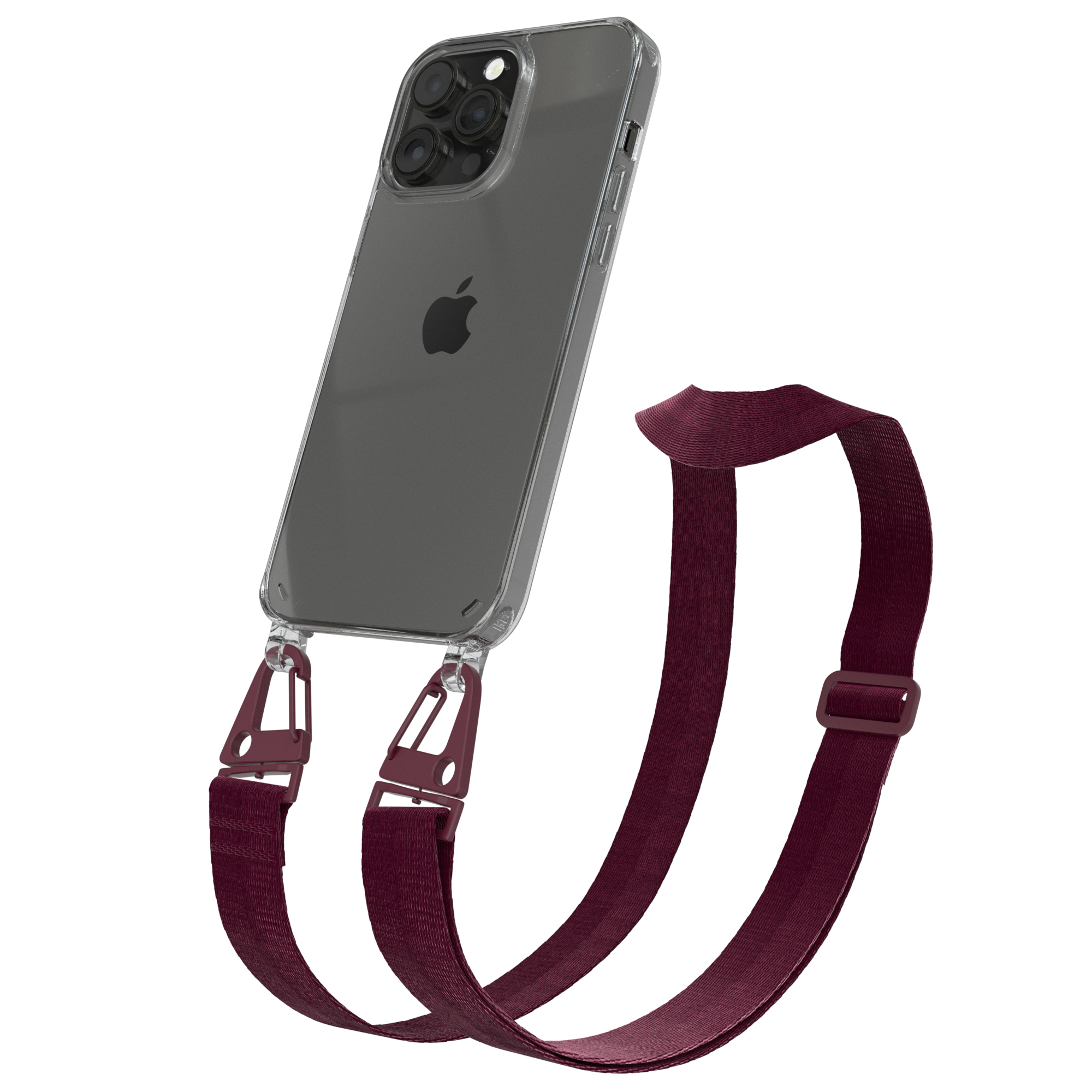 Apple, Karabiner, Umhängetasche, Handyhülle Max, breiter iPhone Pro Kordel Rot mit EAZY Transparente CASE 14 Burgundy Beere / +