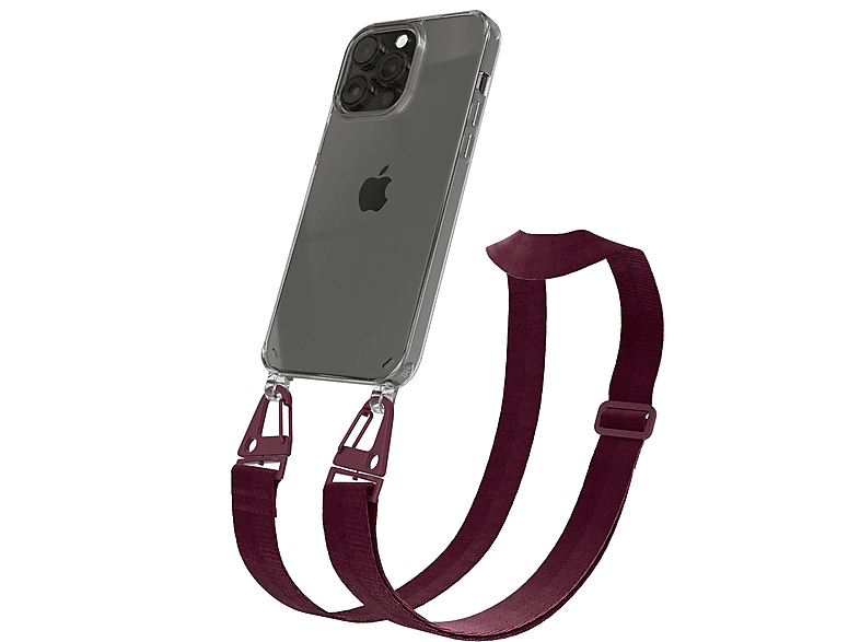 Apple, Umhängetasche, CASE mit breiter EAZY Burgundy Beere Pro / Handyhülle Max, 14 + Karabiner, Kordel iPhone Rot Transparente