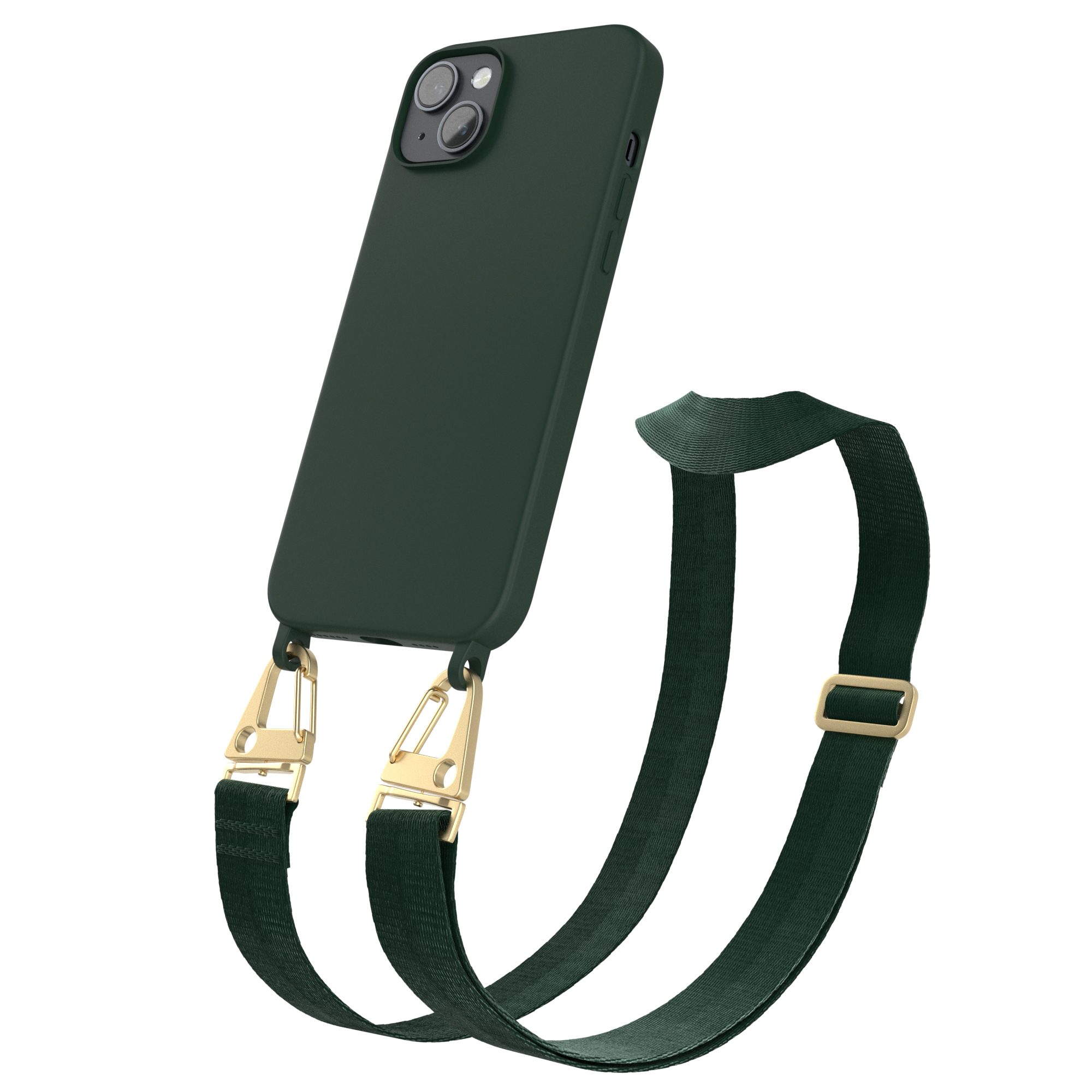 Breit Silikon Karabiner Hülle, iPhone mit EAZY Apple, Gold Kette 14 Grün Plus, / Umhängetasche, CASE Handy Premium Dunkel