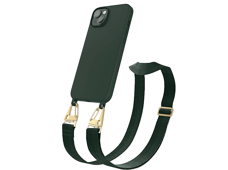 EAZY CASE Handy Kette Breit mit Karabiner Premium Silikon Hülle, Umhängetasche, Apple, iPhone 14 Plus, Dunkel Grün / Gold