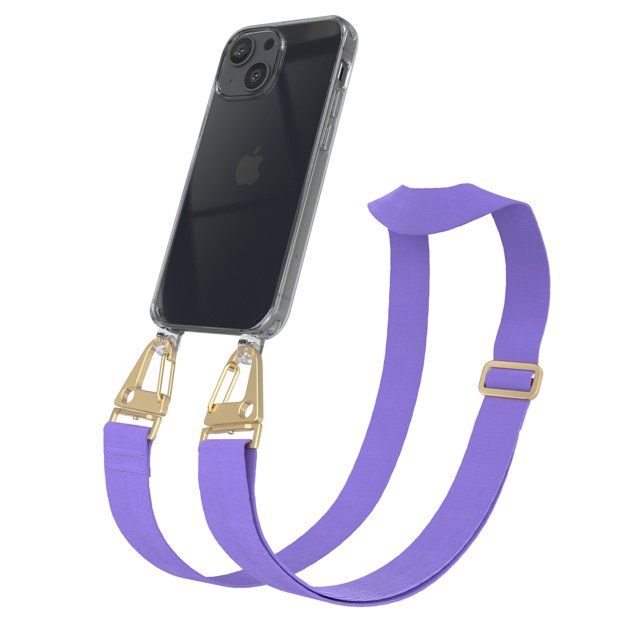 Transparente Handyhülle mit Trageriemen. Telefon ist transparent, goldene Verschlüsse, Gurt lila.