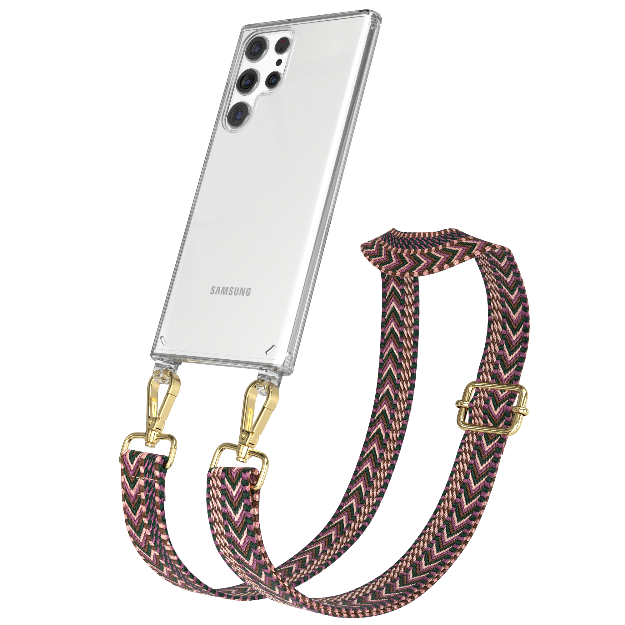 Transparente Handyhülle mit einem rosa und schwarz gemusterten Riemen. Das Telefon hat mehrere Kameras.