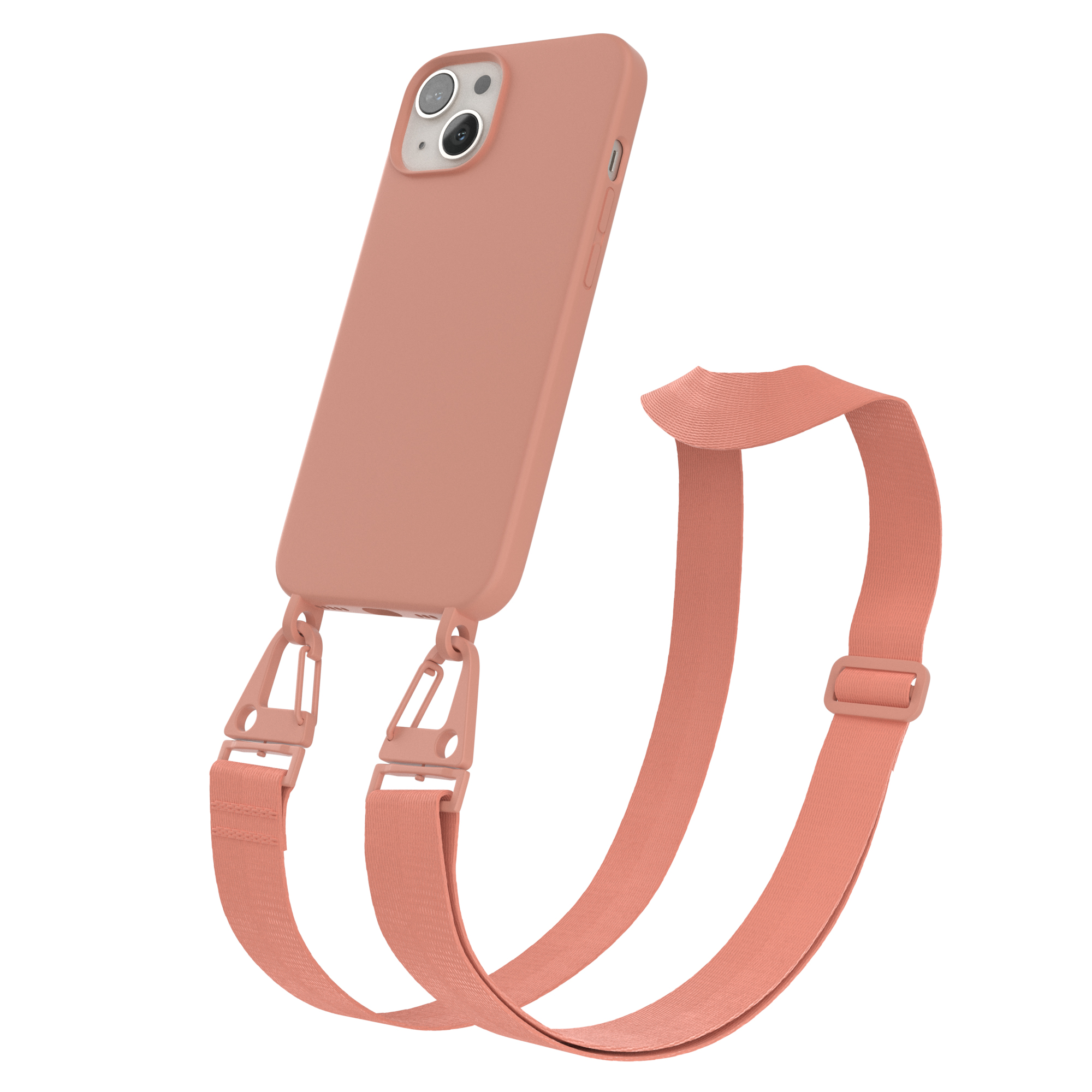 EAZY CASE Handy Premium Silikon Karabiner iPhone Kette mit Breit Hülle, / Coral Umhängetasche, Apple, 13, Altrosa