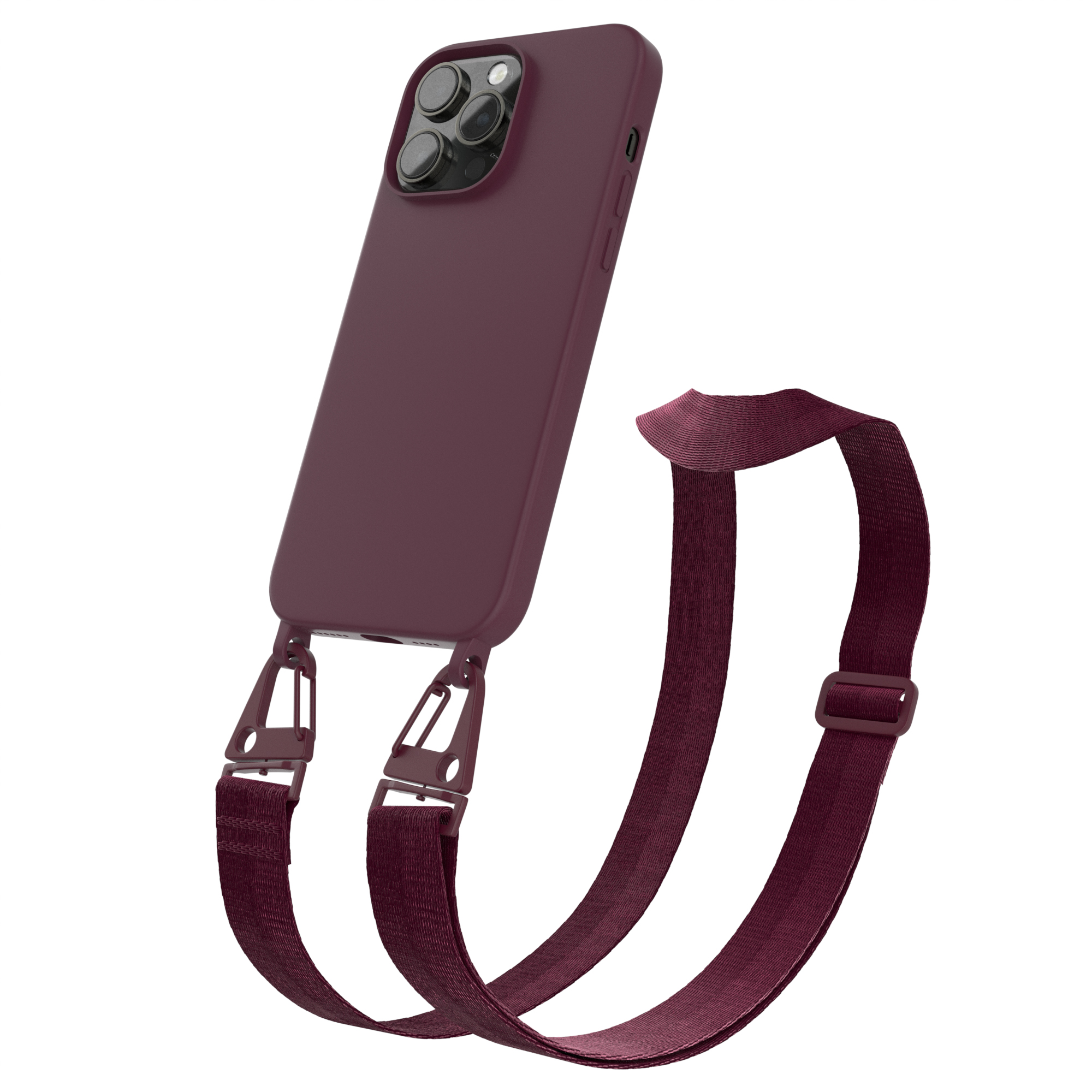 Weinrote Handyhülle mit weinrotem Handystrap, an einem Telefon befestigt.