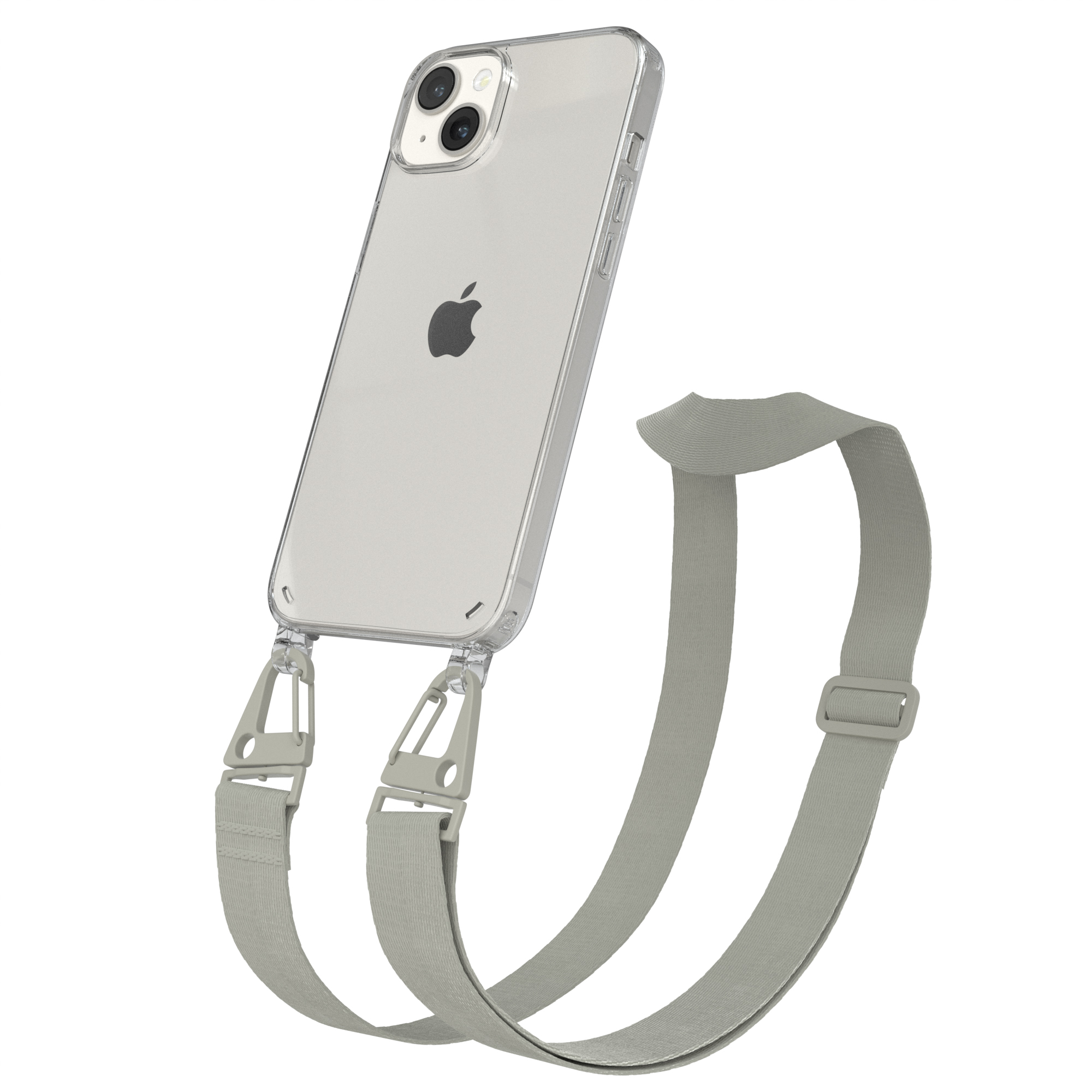 iPhone in transparenter Hülle mit grauem Riemen. Der Riemen ist grau, der Hintergrund weiß.