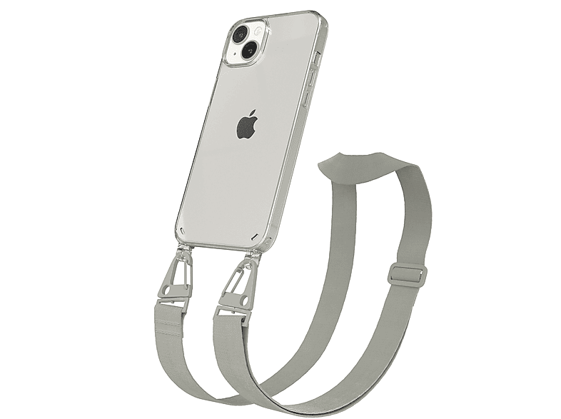 EAZY iPhone CASE mit + breiter Kordel 14 Plus, Transparente Grau / Karabiner, Taupe Beige Umhängetasche, Apple, Handyhülle