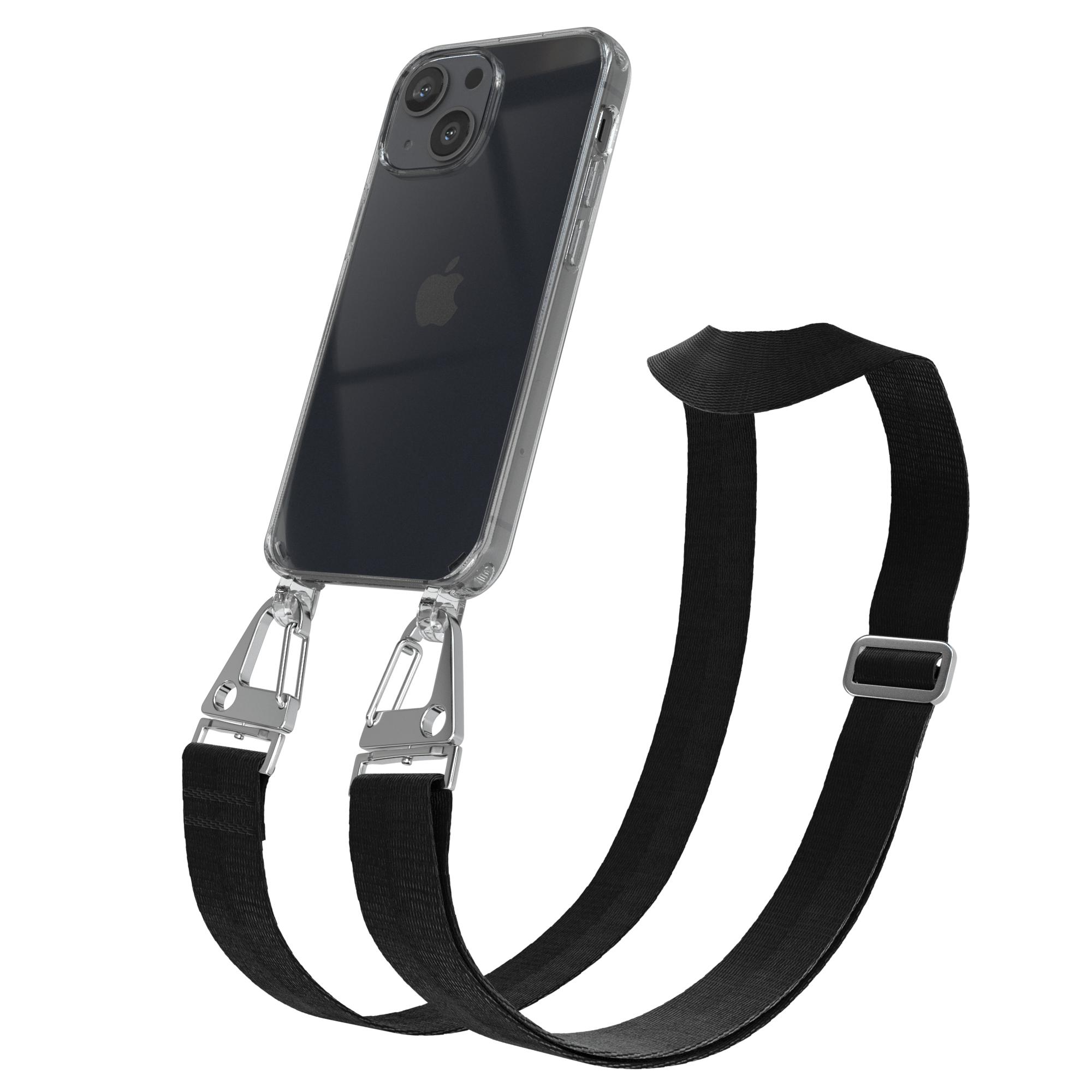 Transparente Handyhülle mit schwarzem Riemen. Das Telefon ist geneigt.  Klares Telefon.