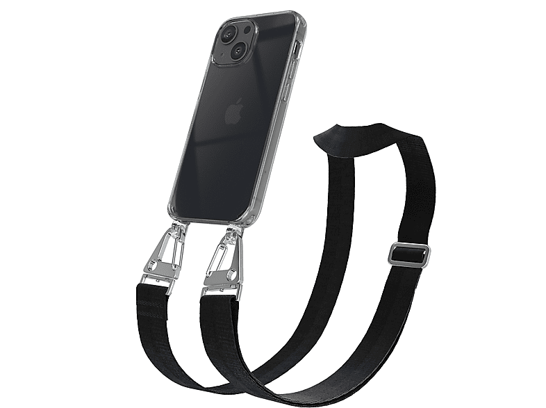EAZY CASE Transparente Handyhülle mit breiter Kordel + Karabiner, Umhängetasche, Apple, iPhone 13 Mini, Schwarz / Silber