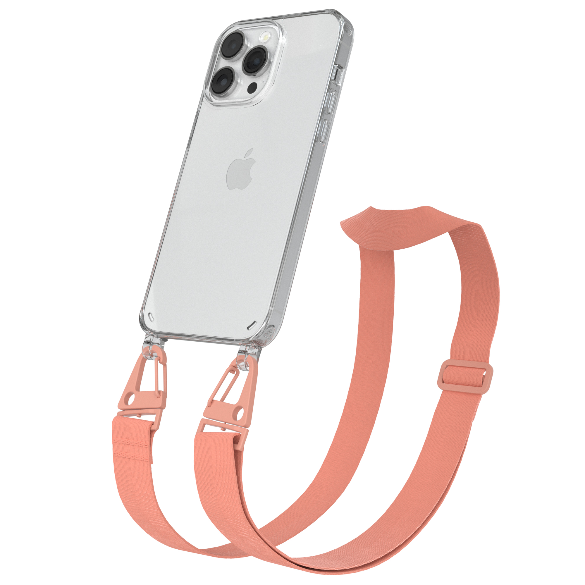 Eine transparente Handyhülle mit orangefarbenem Band. Das Telefon hat drei Kameras. Weißer Hintergrund.