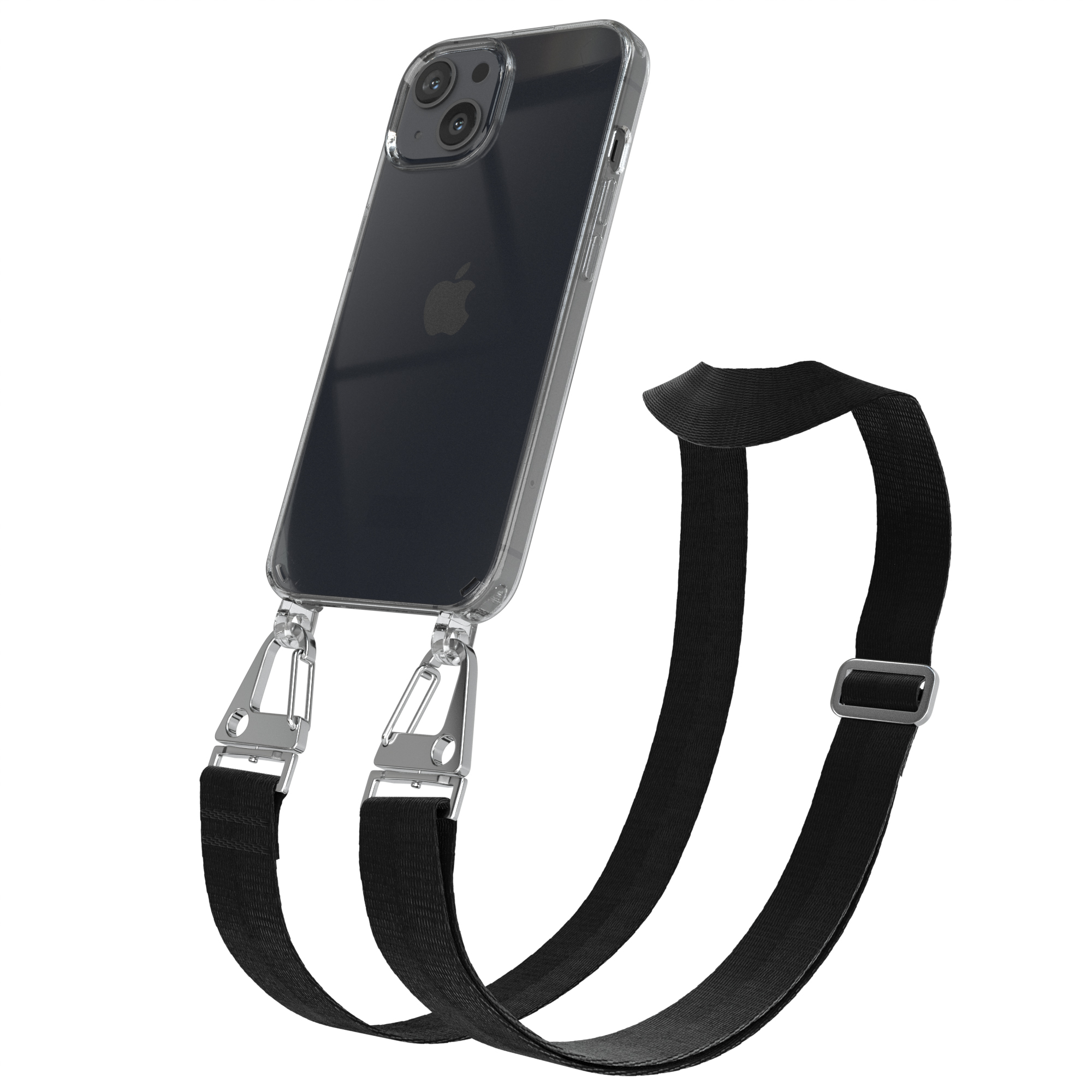 EAZY CASE Transparente Handyhülle mit 13, iPhone Apple, + Kordel breiter Umhängetasche, Silber Karabiner, Schwarz 
