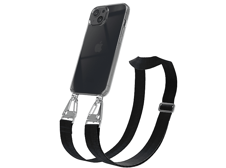 EAZY CASE Transparente Handyhülle mit breiter Kordel + Karabiner, Umhängetasche, Apple, iPhone 13, Schwarz / Silber