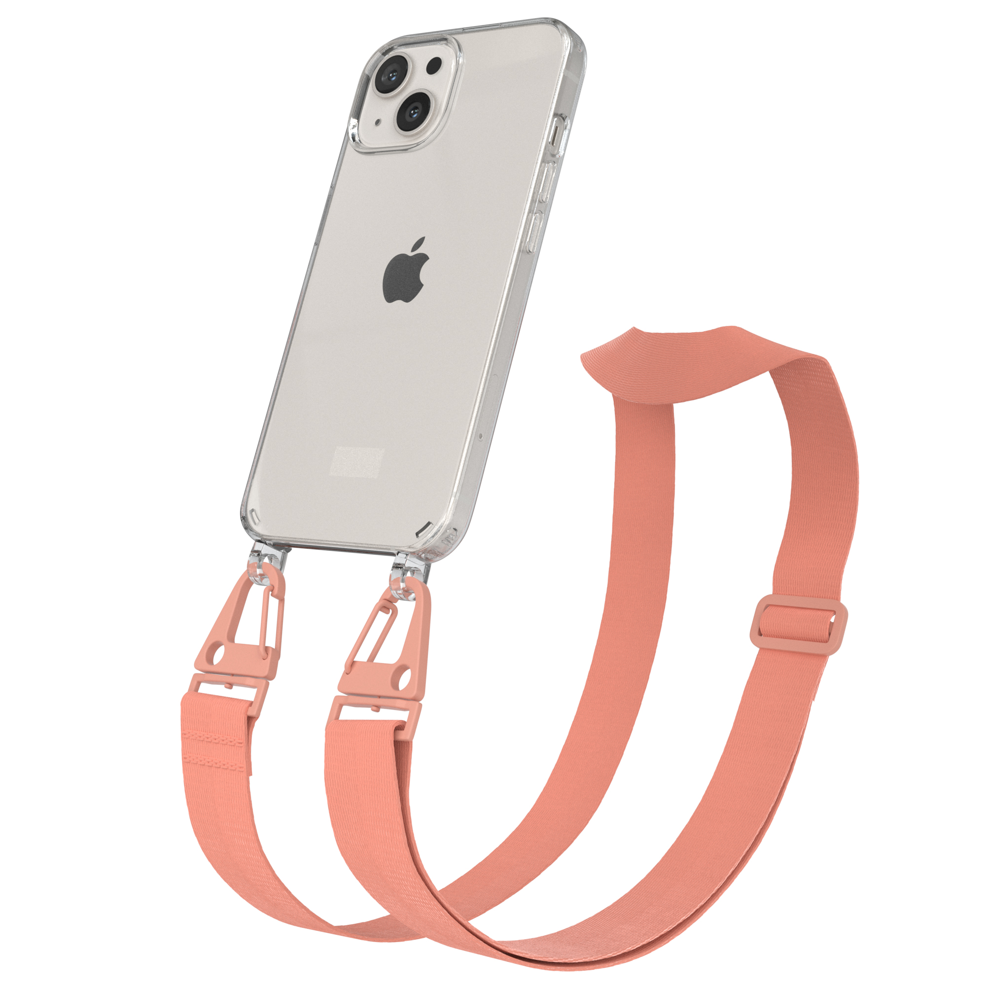 Transparente Handyhülle mit rosa Band. Telefon hat 2 Kameras. Band mit rosa Clips befestigt und geschlungen.