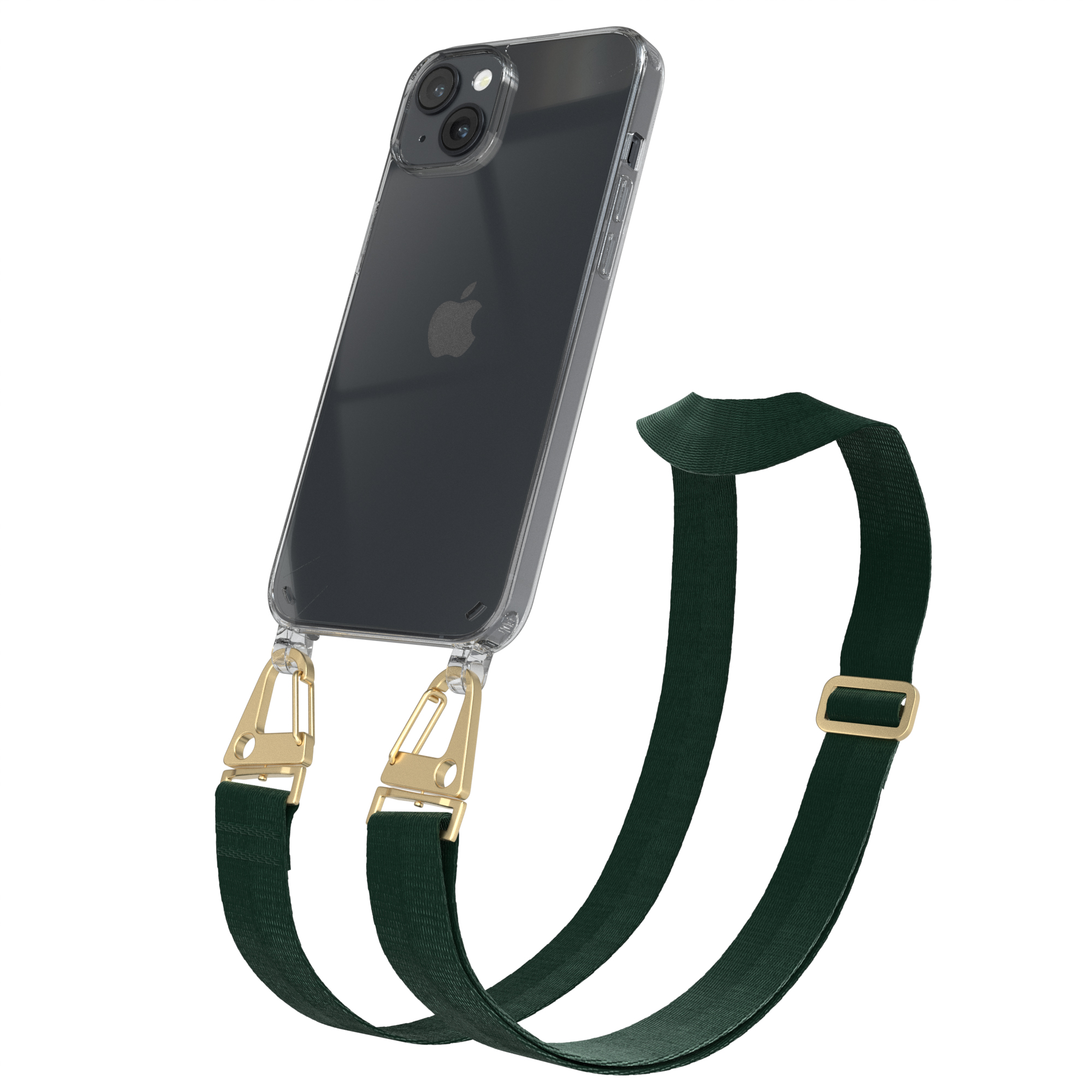 Transparente Handyhülle mit grünem Lanyard, Telefon ist schwarz.